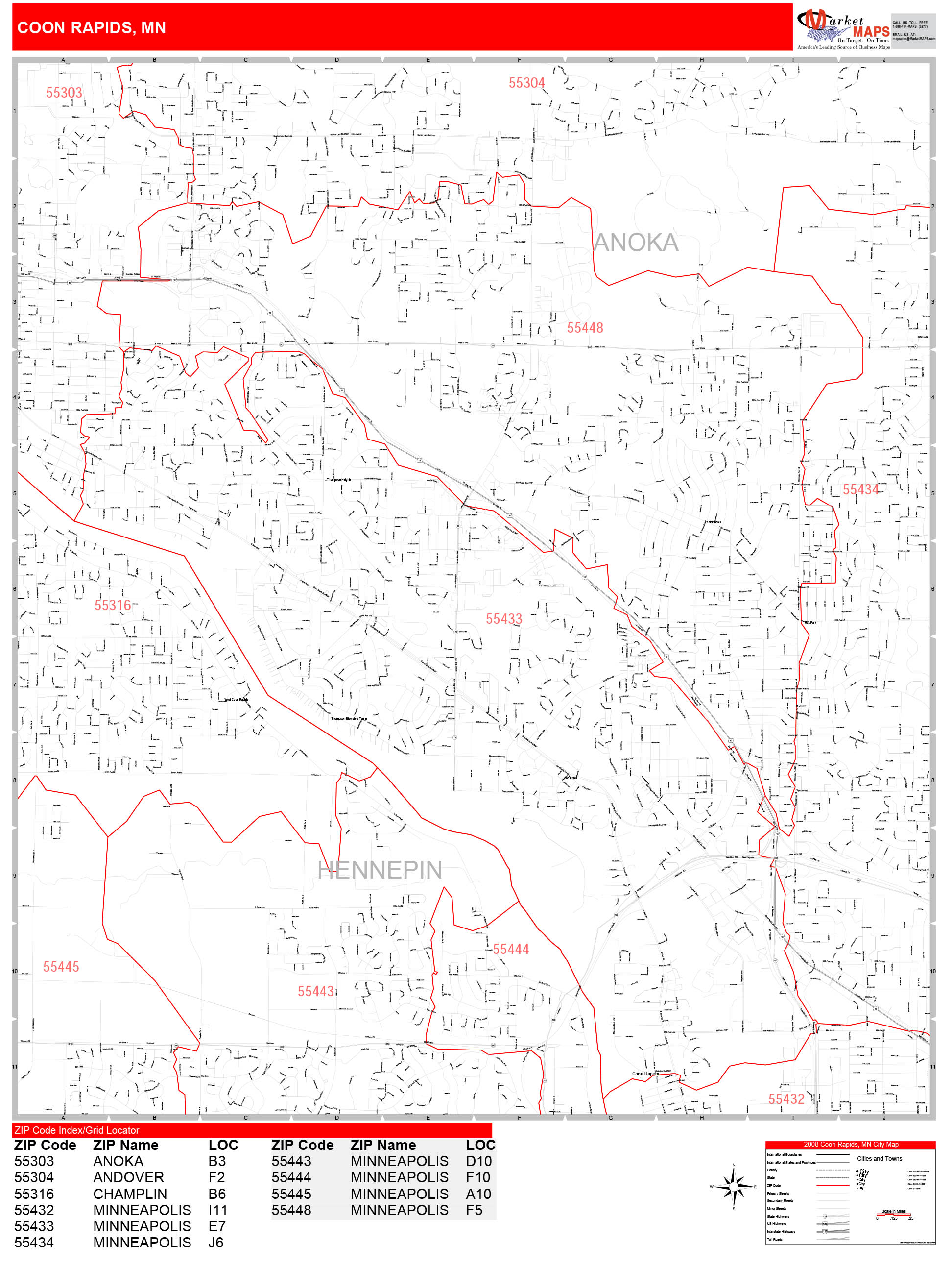 Coon Rapids Minnesota Zip Code Wall Map (Red Line Style) by MarketMAPS