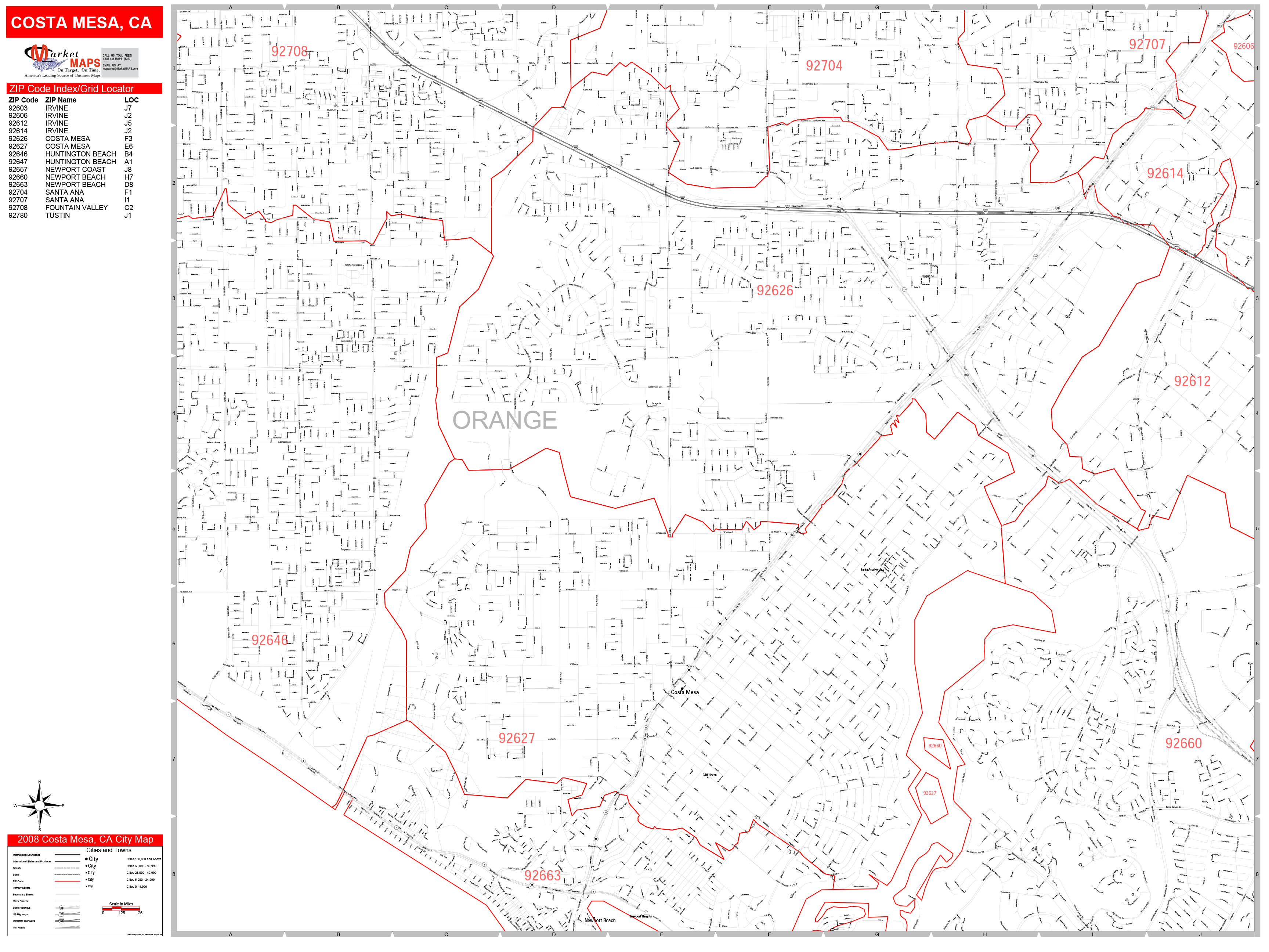 Costa Mesa California Zip Code Wall Map (Red Line Style) by MarketMAPS