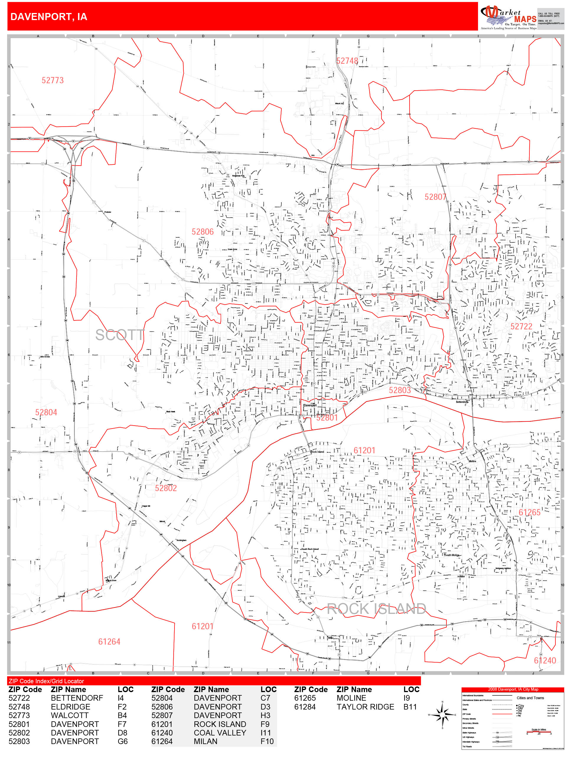 Davenport Iowa Zip Code Wall Map (Red Line Style) by MarketMAPS MapSales