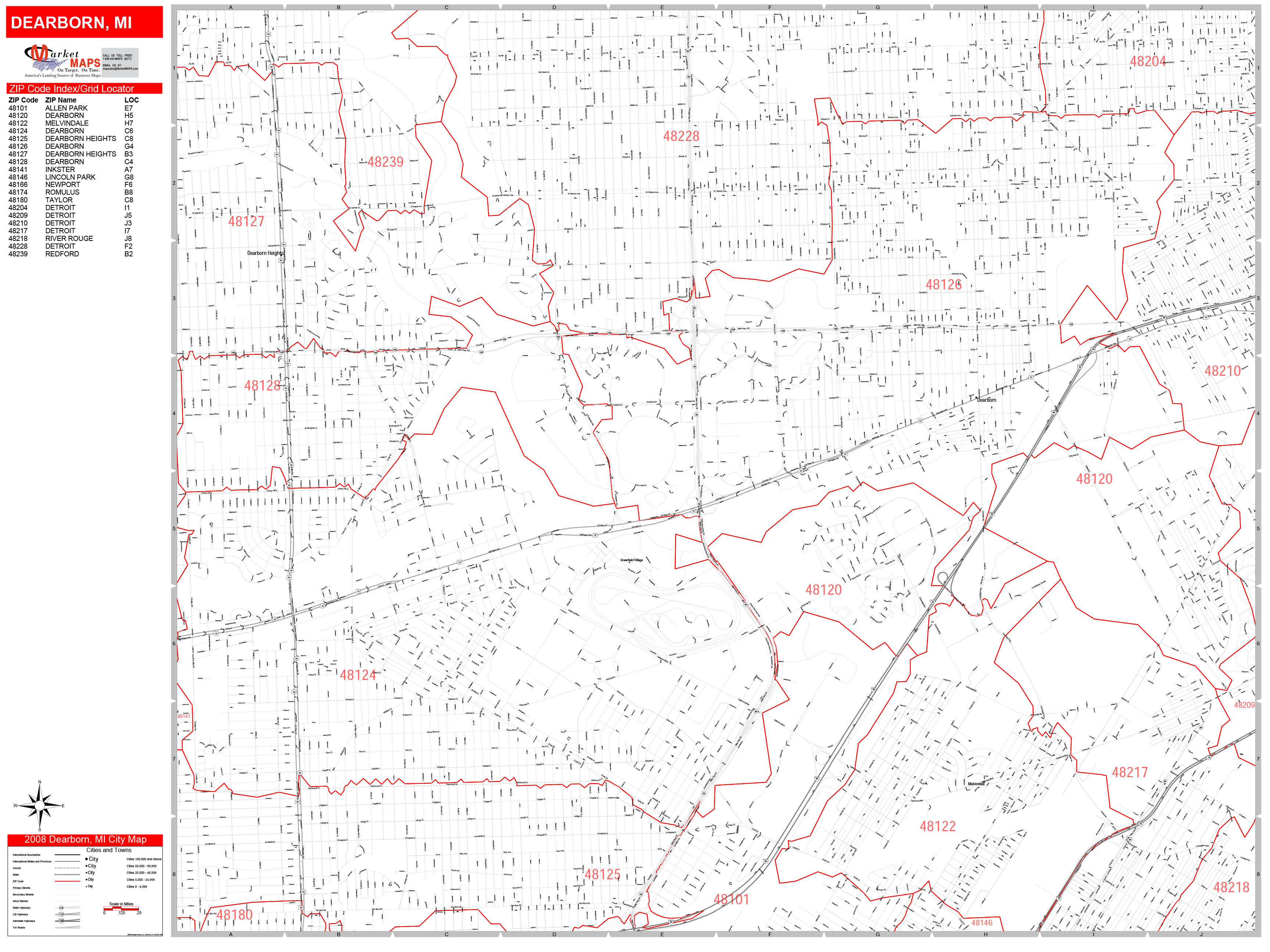Dearborn Michigan Zip Code Wall Map (Red Line Style) by MarketMAPS