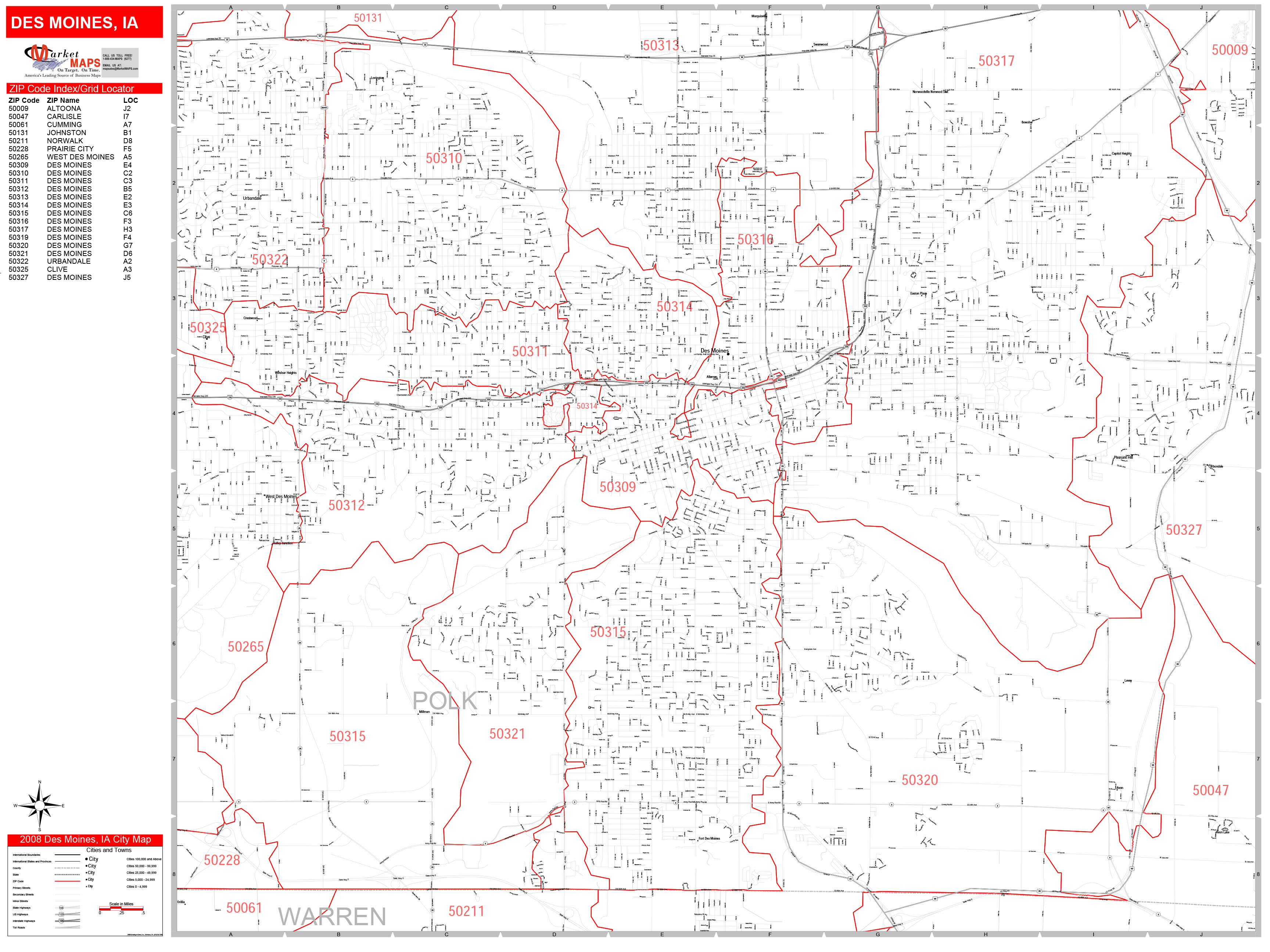 Des Moines Iowa Zip Code Wall Map (Red Line Style) by MarketMAPS MapSales
