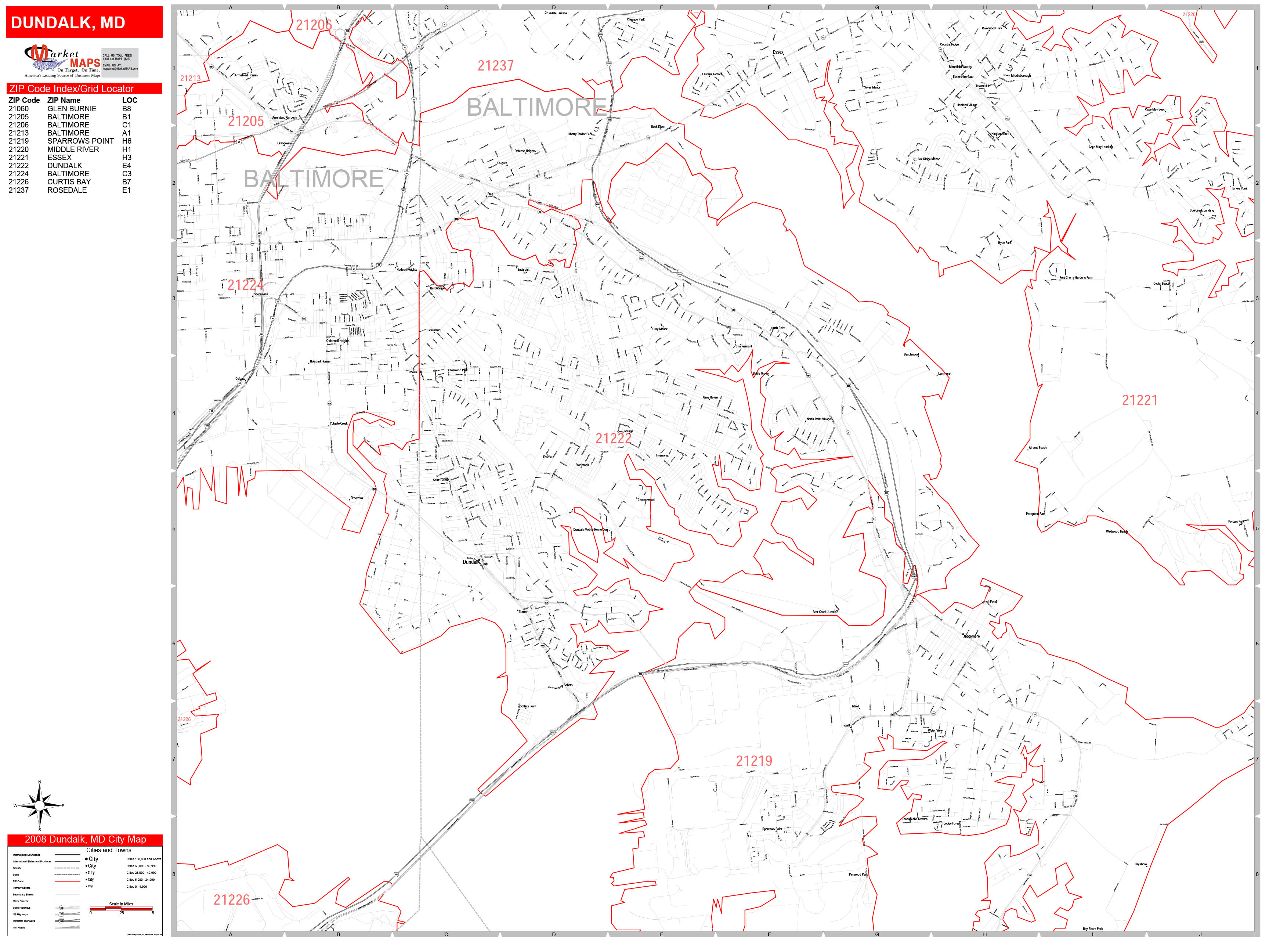 Dundalk Maryland Zip Code Wall Map (Red Line Style) by MarketMAPS MapSales