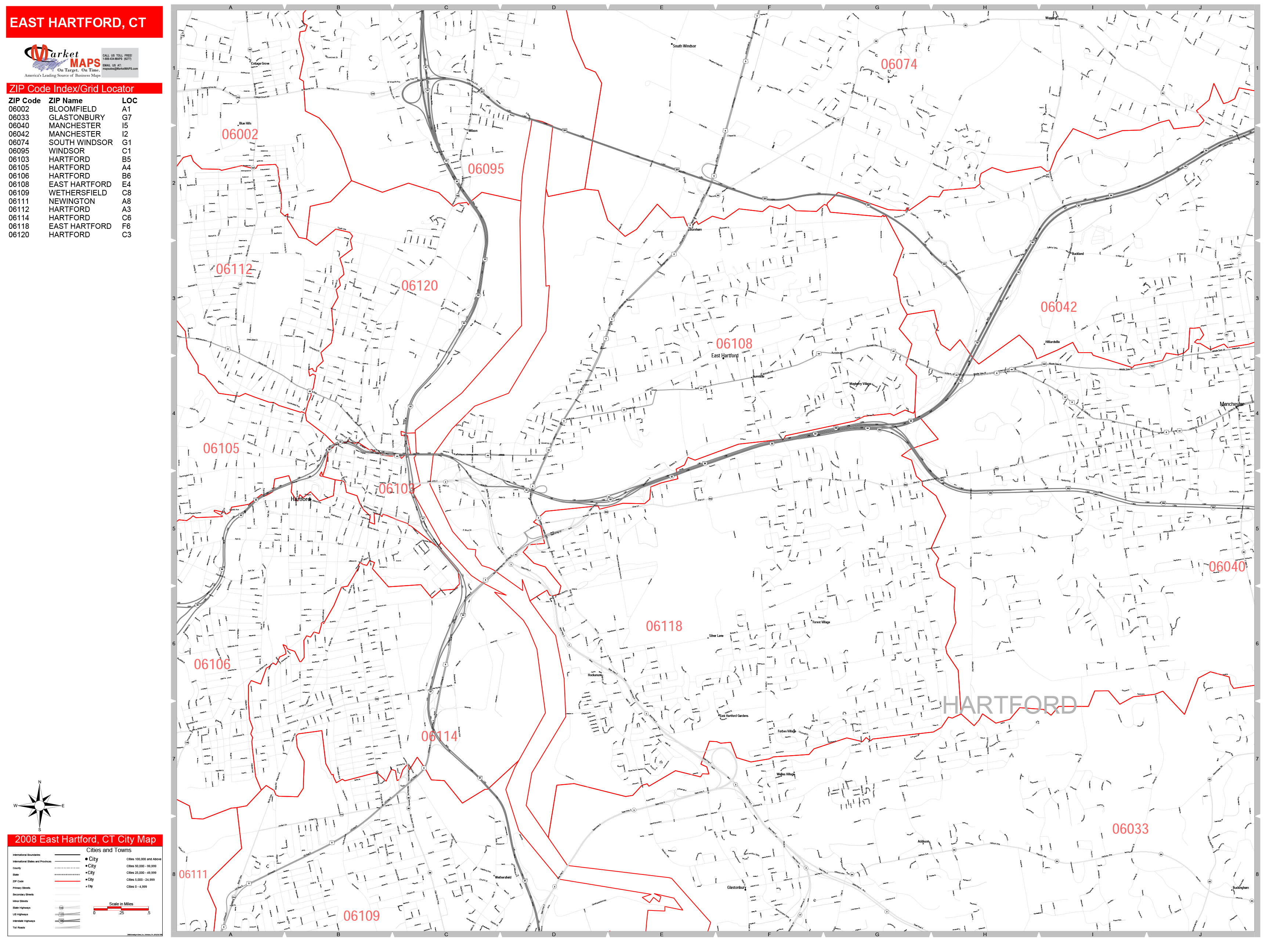 East Hartford Connecticut Zip Code Wall Map (Red Line Style) by MarketMAPS