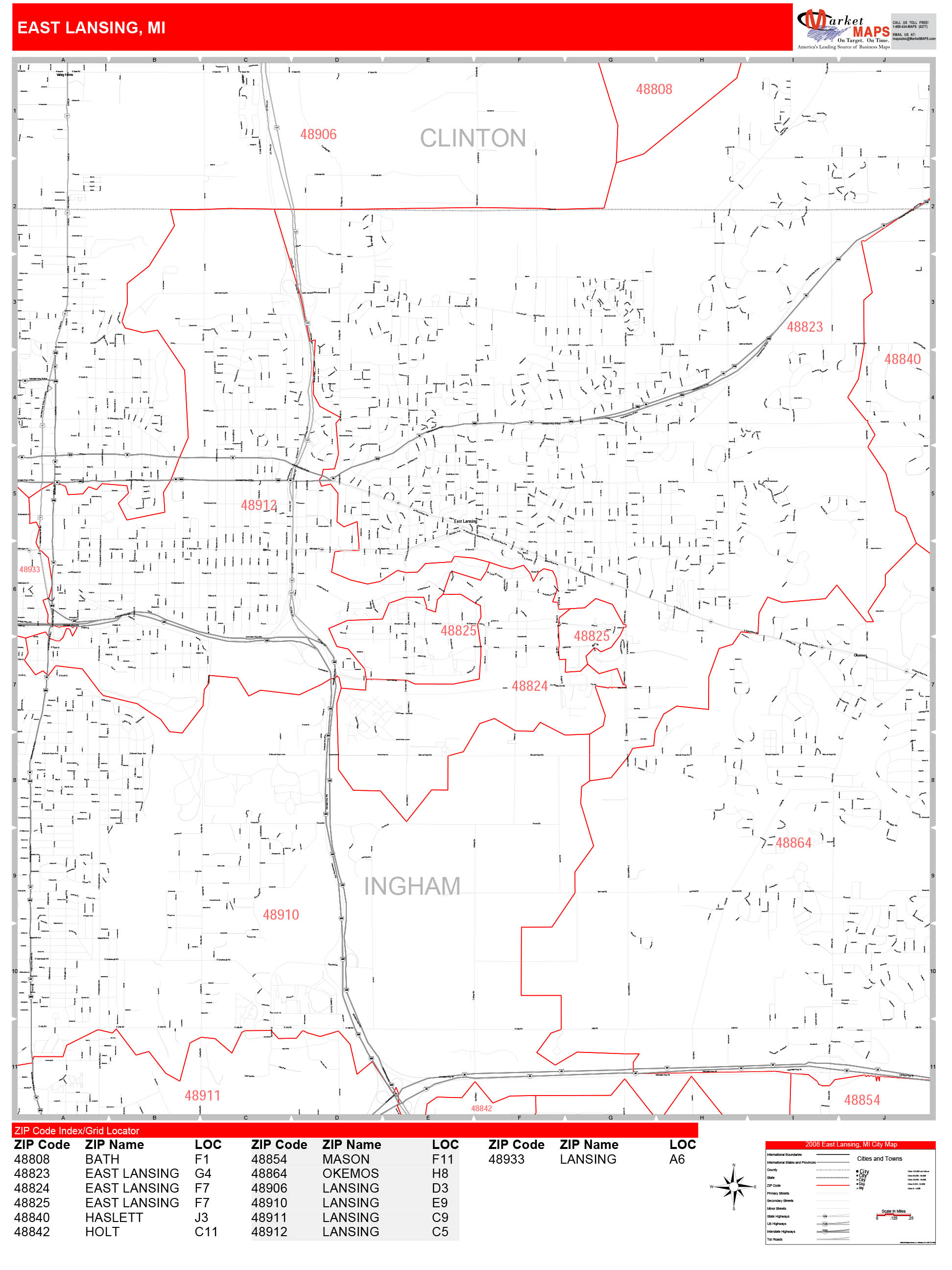 East Lansing Michigan Zip Code Wall Map (Red Line Style) by MarketMAPS