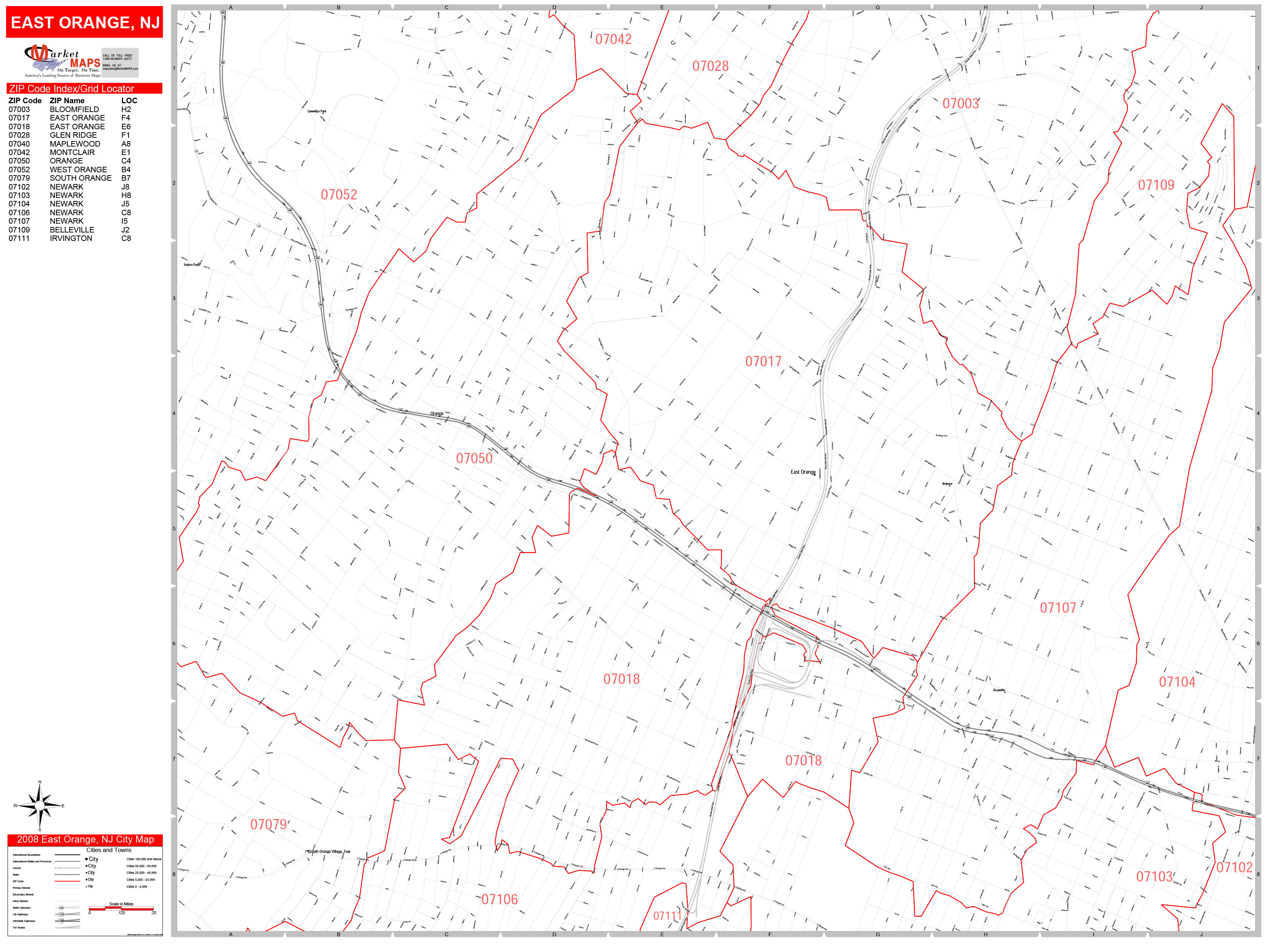 East Orange New Jersey Zip Code Wall Map (Red Line Style) by MarketMAPS