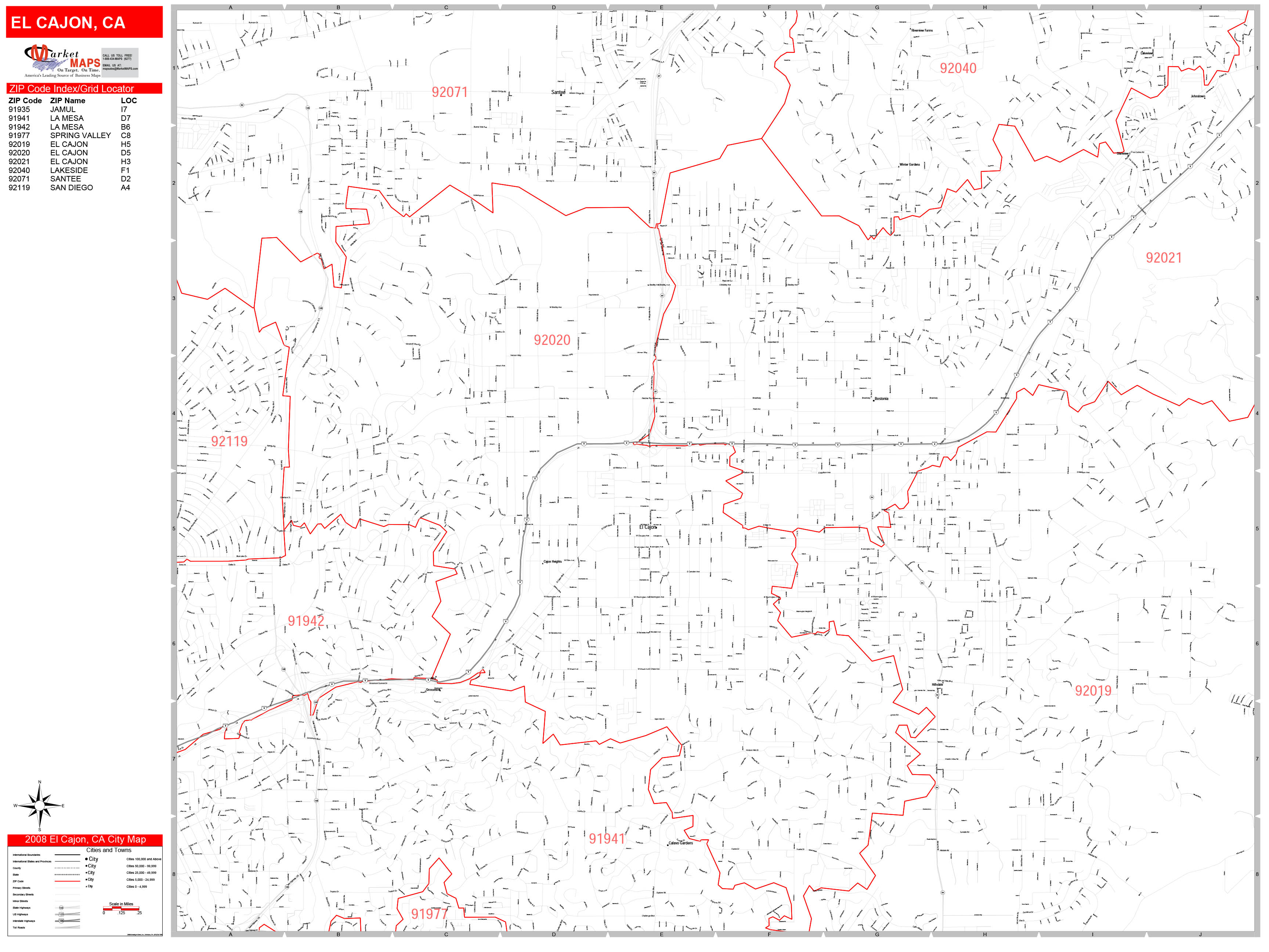 El Cajon California Zip Code Wall Map (Red Line Style) by MarketMAPS