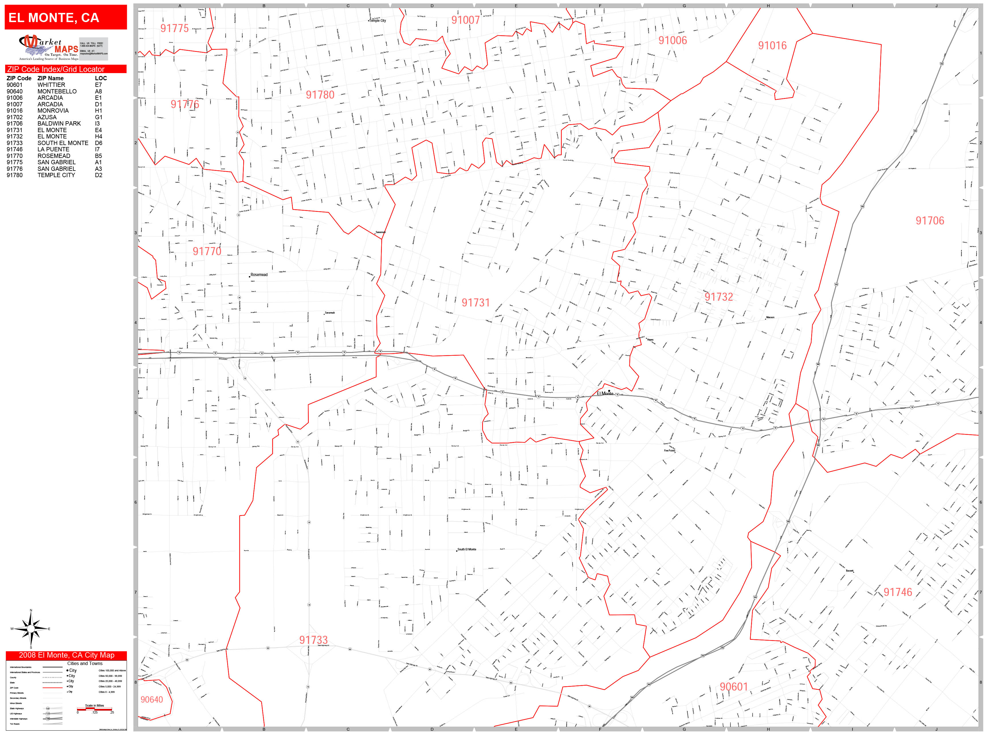 El Monte California Zip Code Wall Map Red Line Style By MarketMAPS 