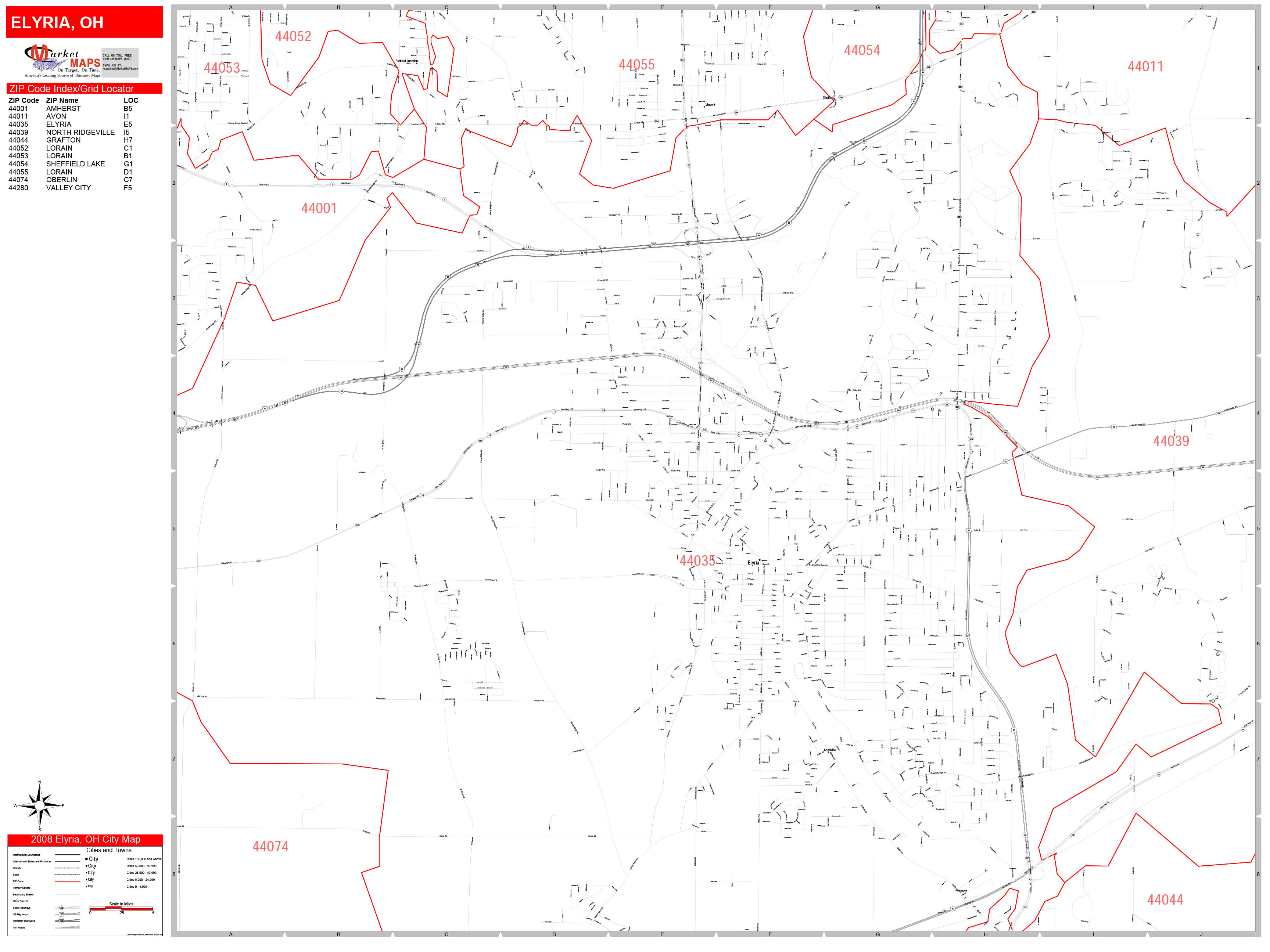 Elyria Ohio Zip Code Wall Map (Red Line Style) by MarketMAPS MapSales
