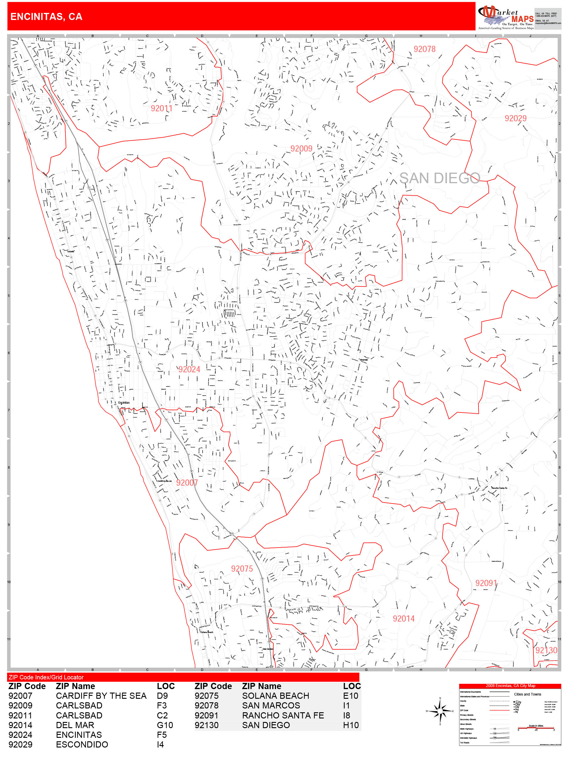Encinitas California Zip Code Wall Map (Red Line Style) by MarketMAPS