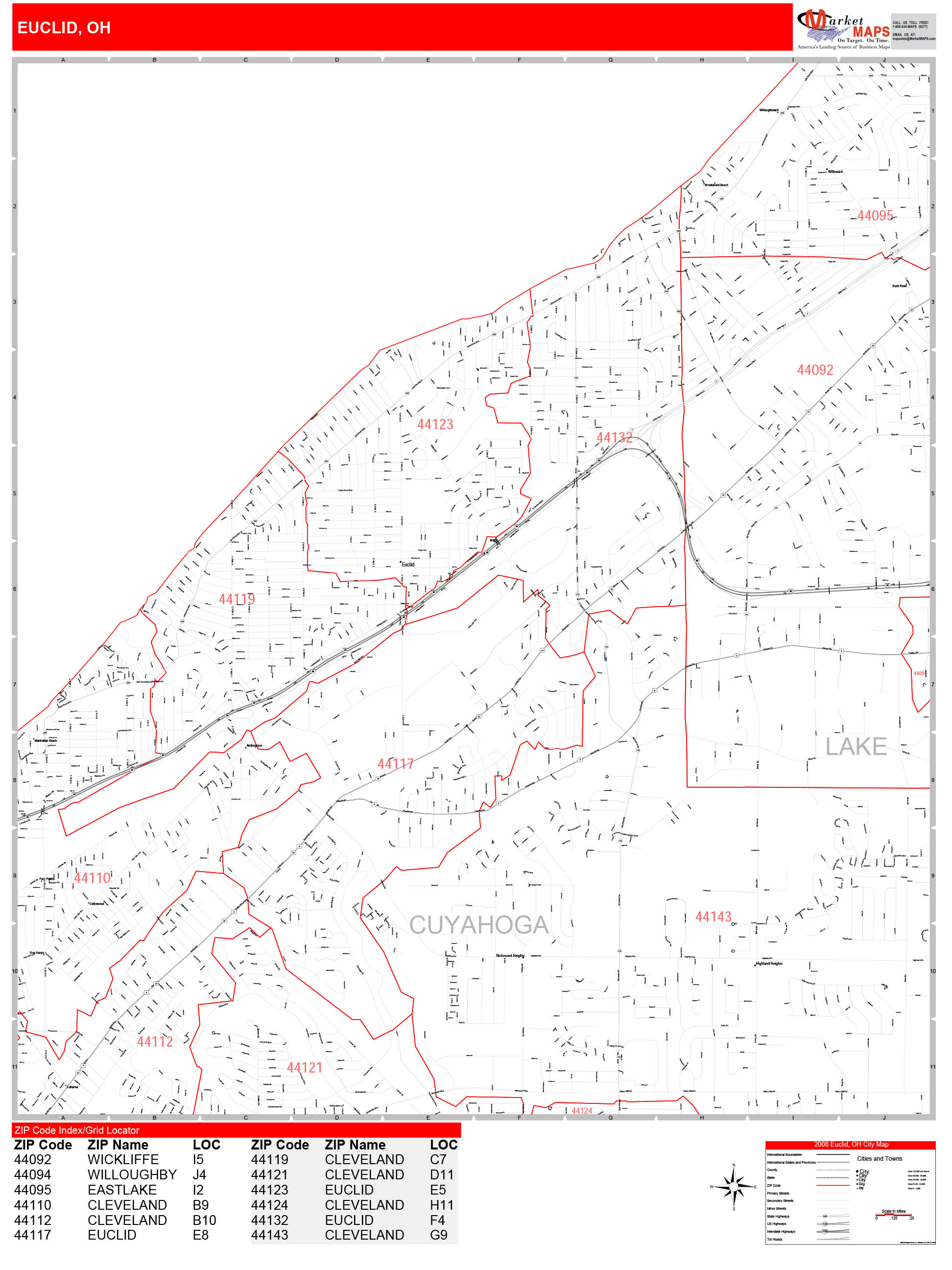 Euclid Ohio Zip Code Wall Map (Red Line Style) by MarketMAPS MapSales