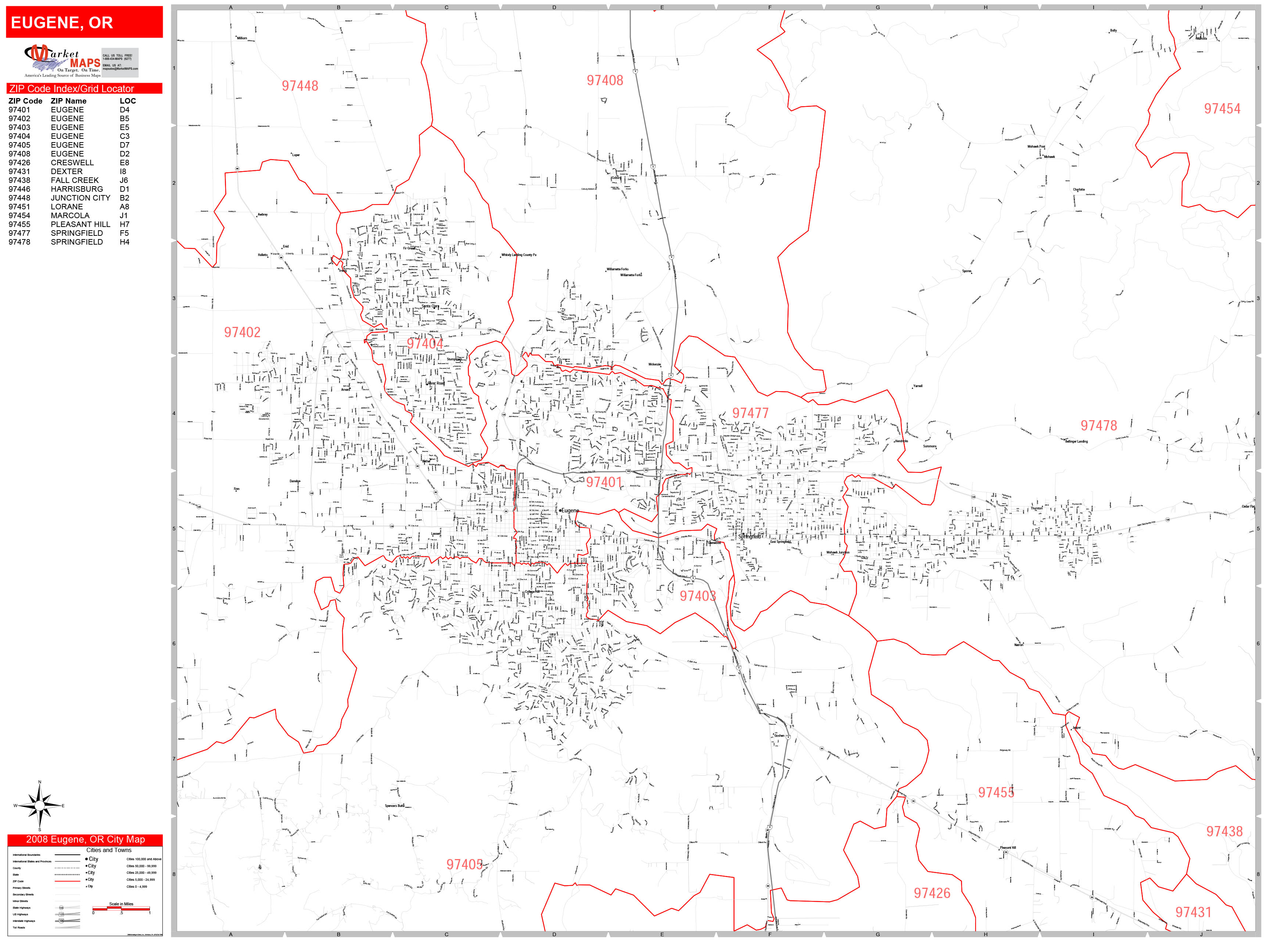 Eugene Oregon Zip Code Wall Map (Red Line Style) by MarketMAPS MapSales