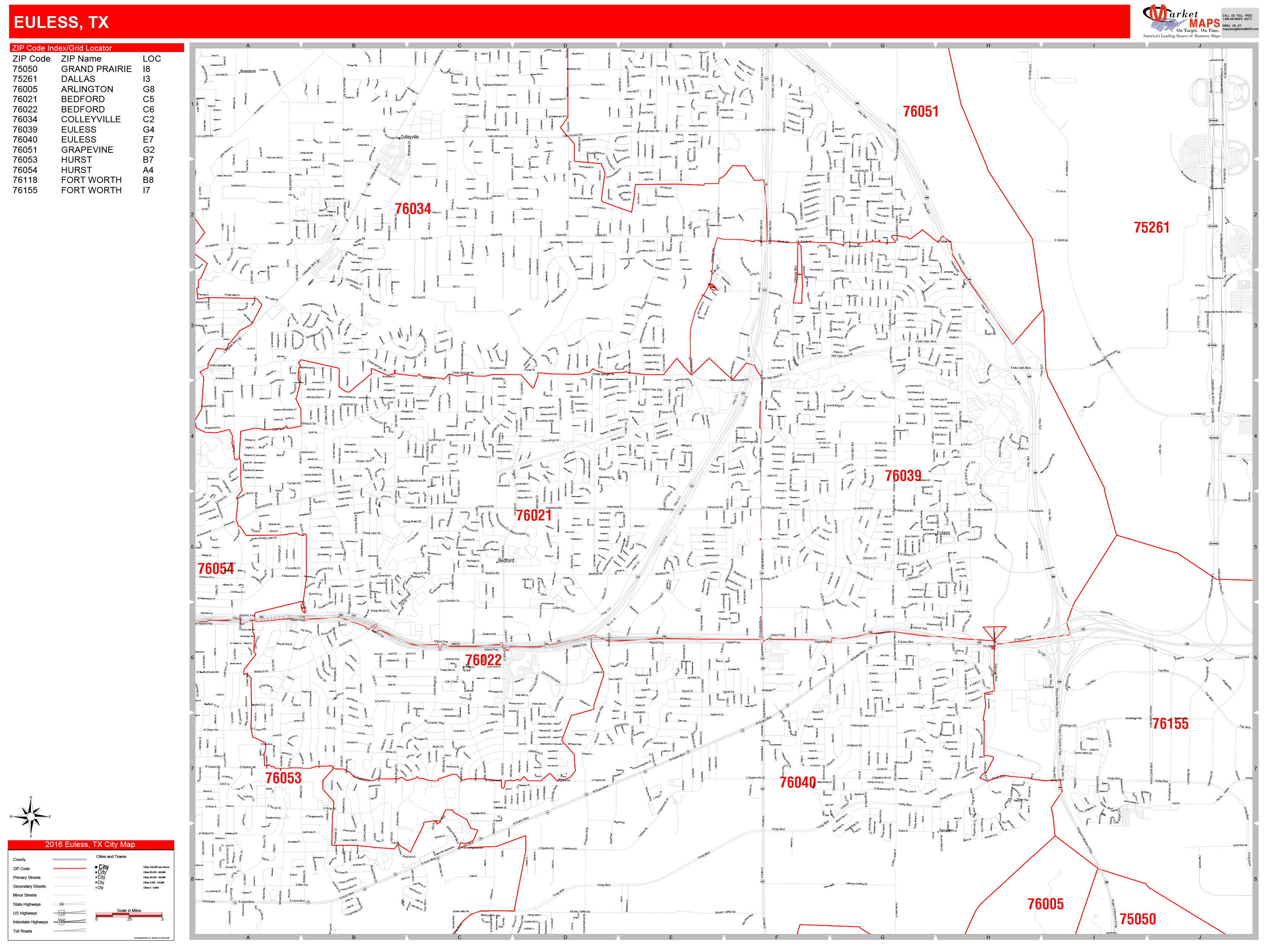 Euless Texas Zip Code Wall Map (Red Line Style) by MarketMAPS