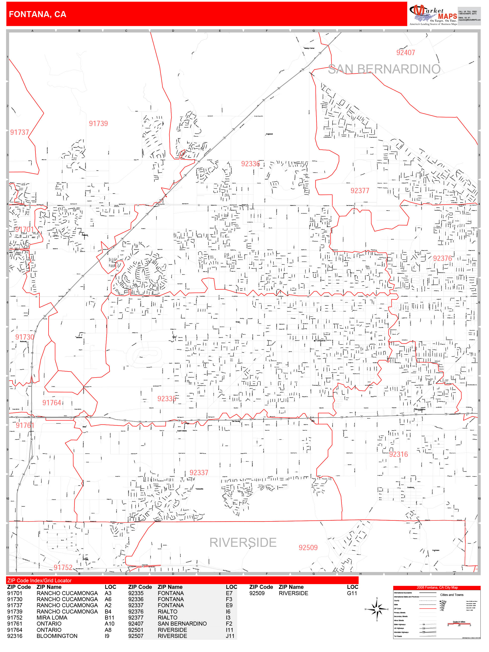 Fontana California Zip Code Wall Map (Red Line Style) by MarketMAPS