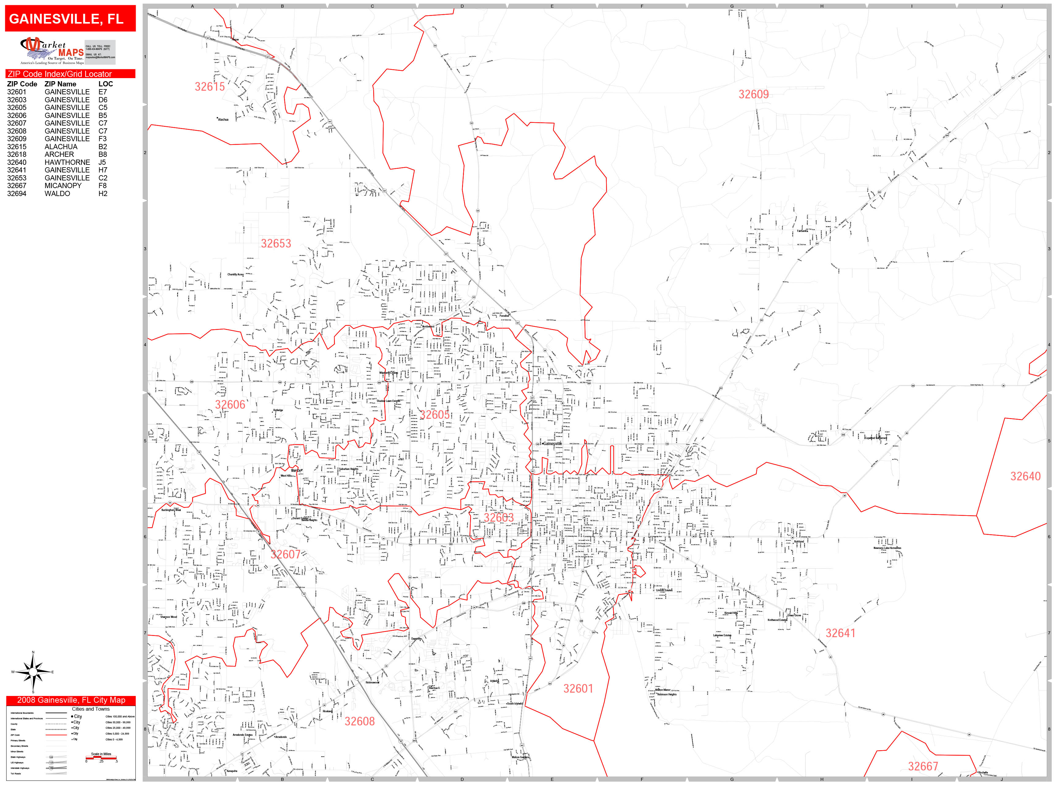 Gainesville Florida Zip Code Wall Map (Red Line Style) by MarketMAPS