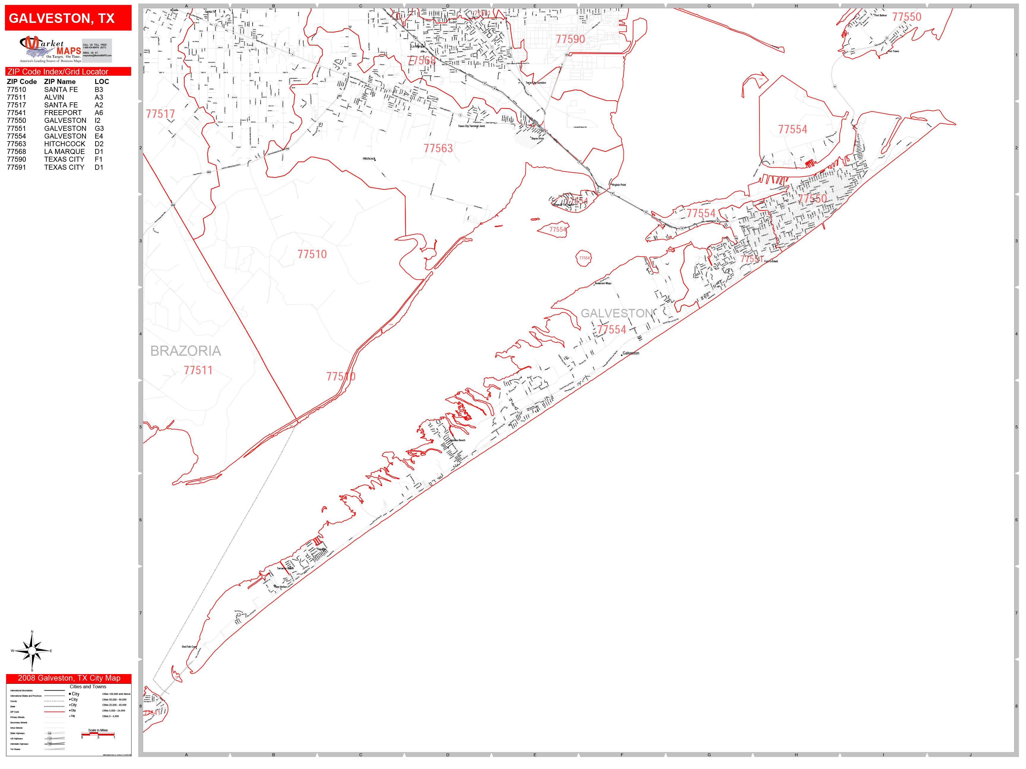 Galveston Texas Zip Code Wall Map Red Line Style By Marketmaps Mapsales