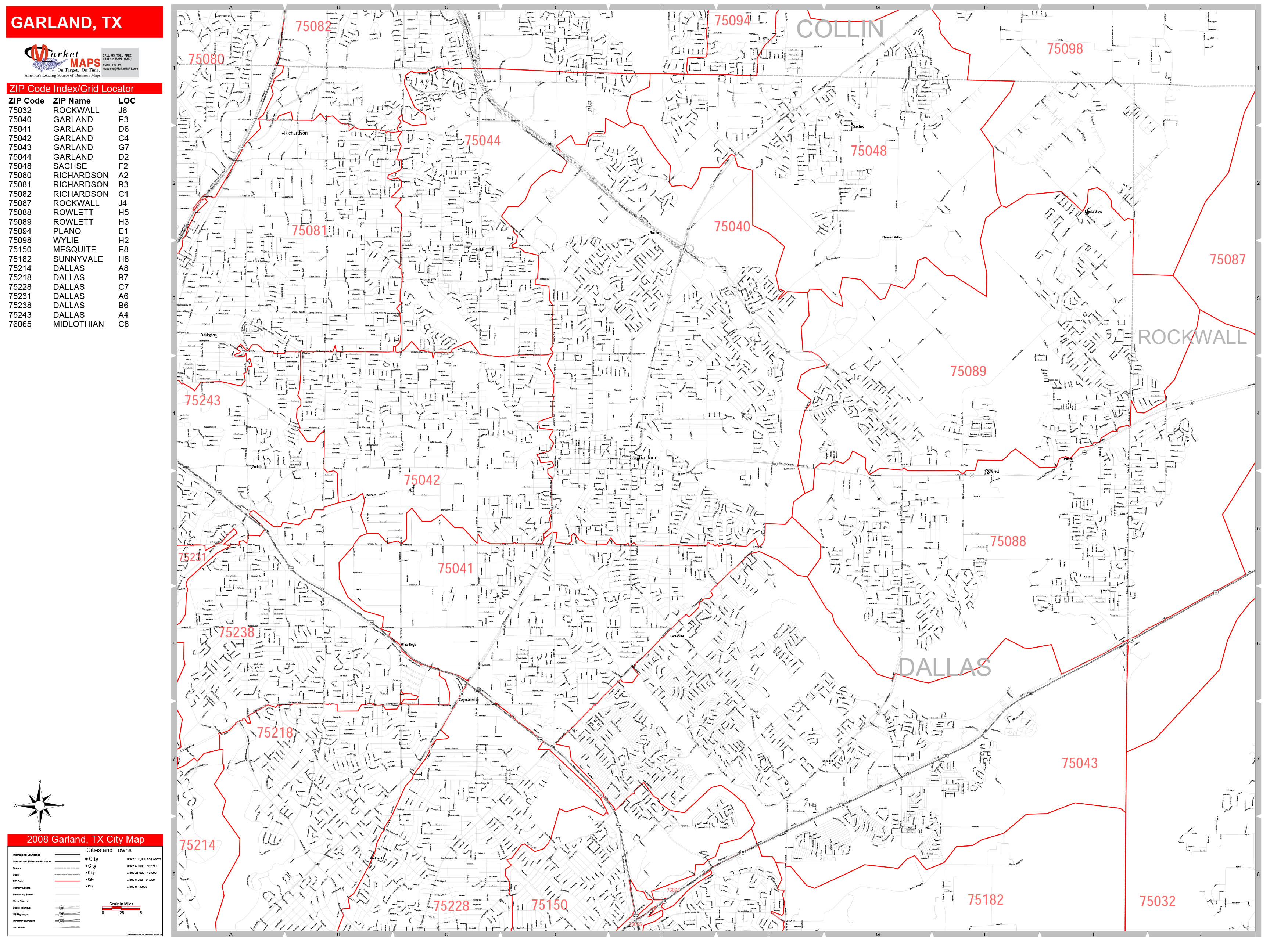 Garland Texas Zip Code Wall Map Red Line Style By Marketmaps Mapsales