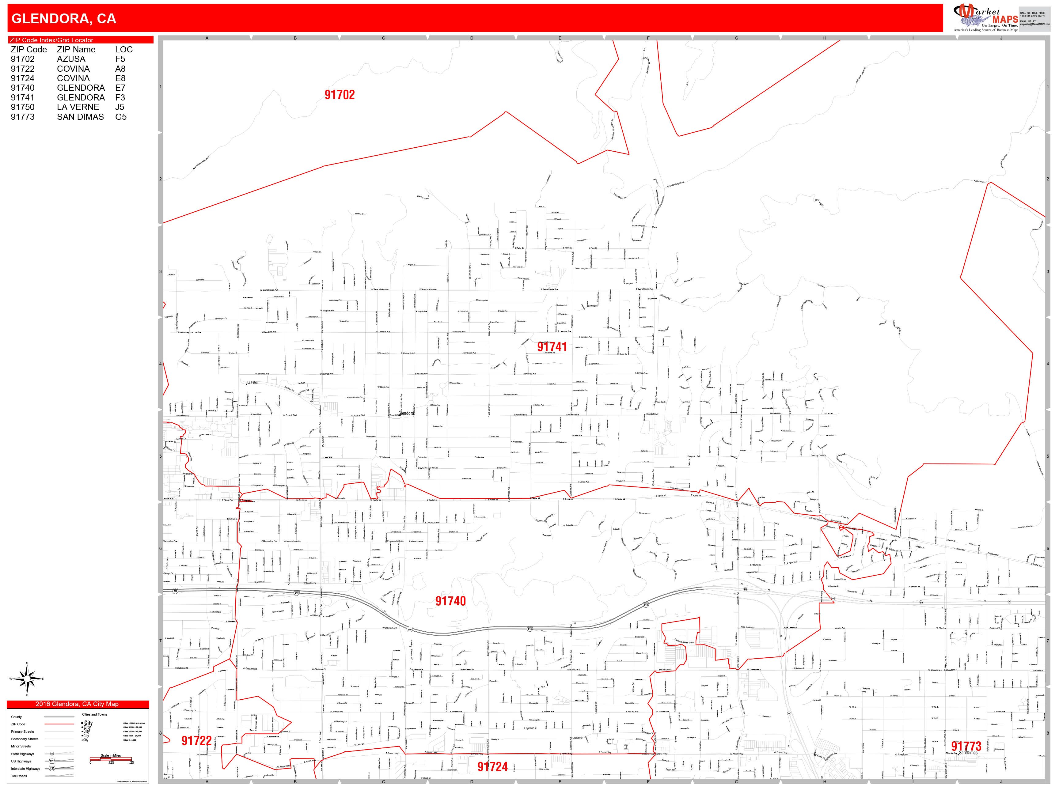 Glendora California Zip Code Wall Map (Red Line Style) by MarketMAPS
