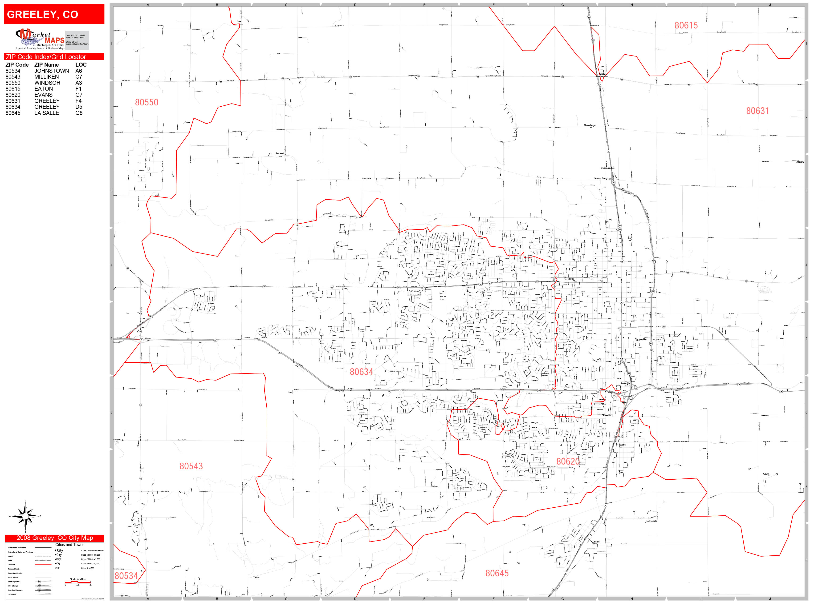 Greeley Colorado Zip Code Wall Map (Red Line Style) by MarketMAPS