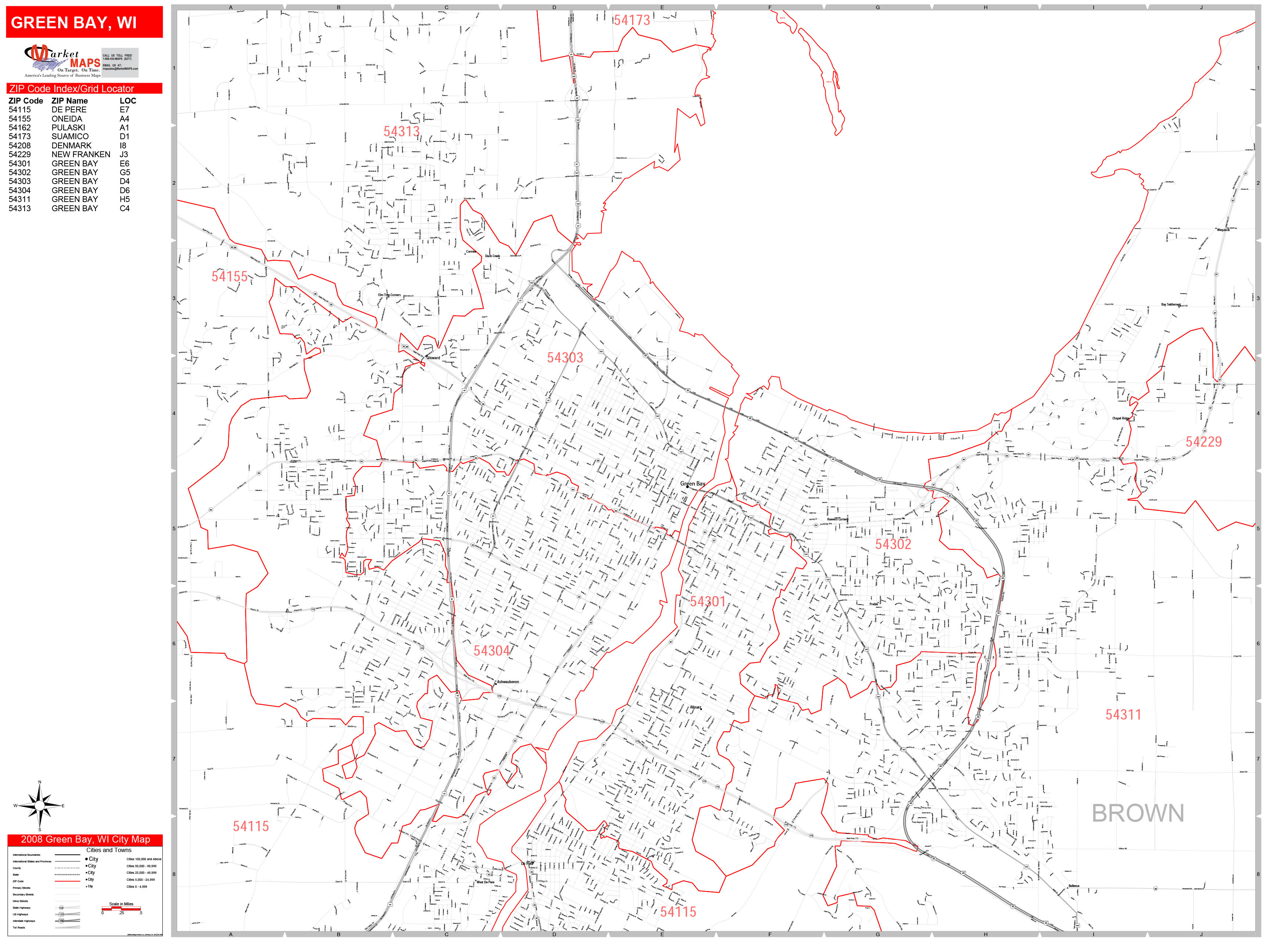 Green Bay Wisconsin Zip Code Wall Map (Red Line Style) by MarketMAPS