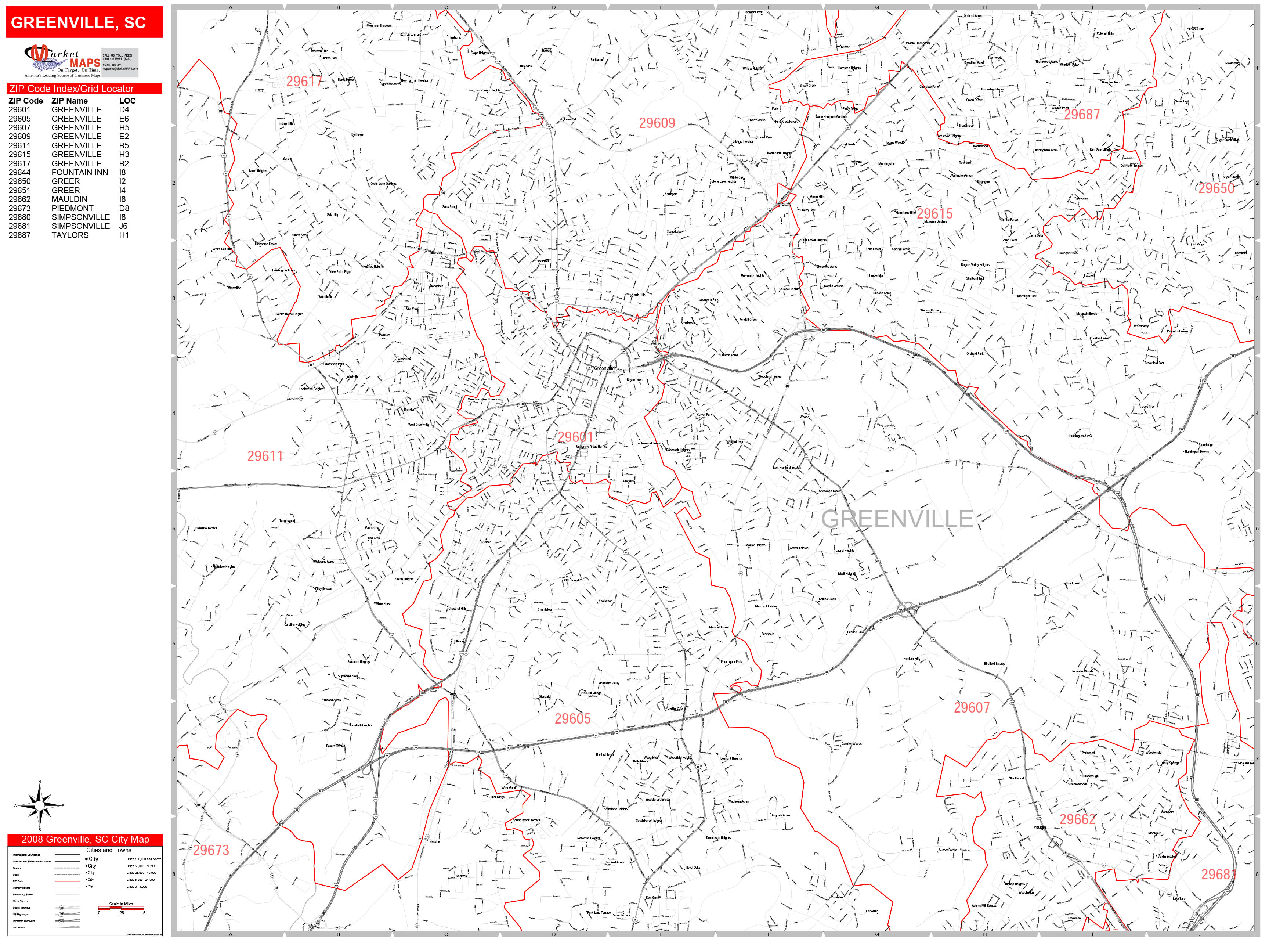 Greenville south carolina zip code wall map red line style by 
