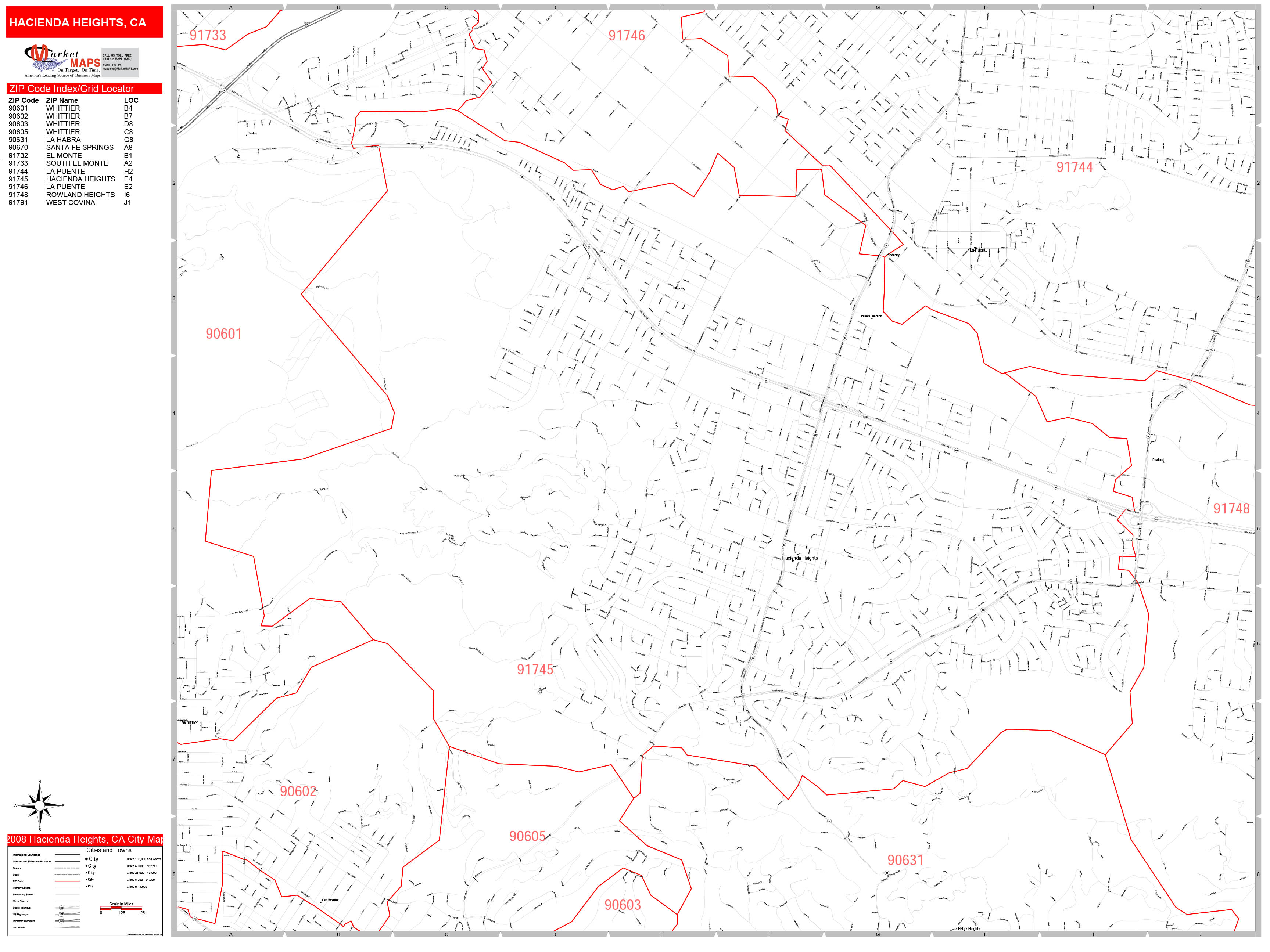 Hacienda Heights California Zip Code Wall Map (Red Line Style) by
