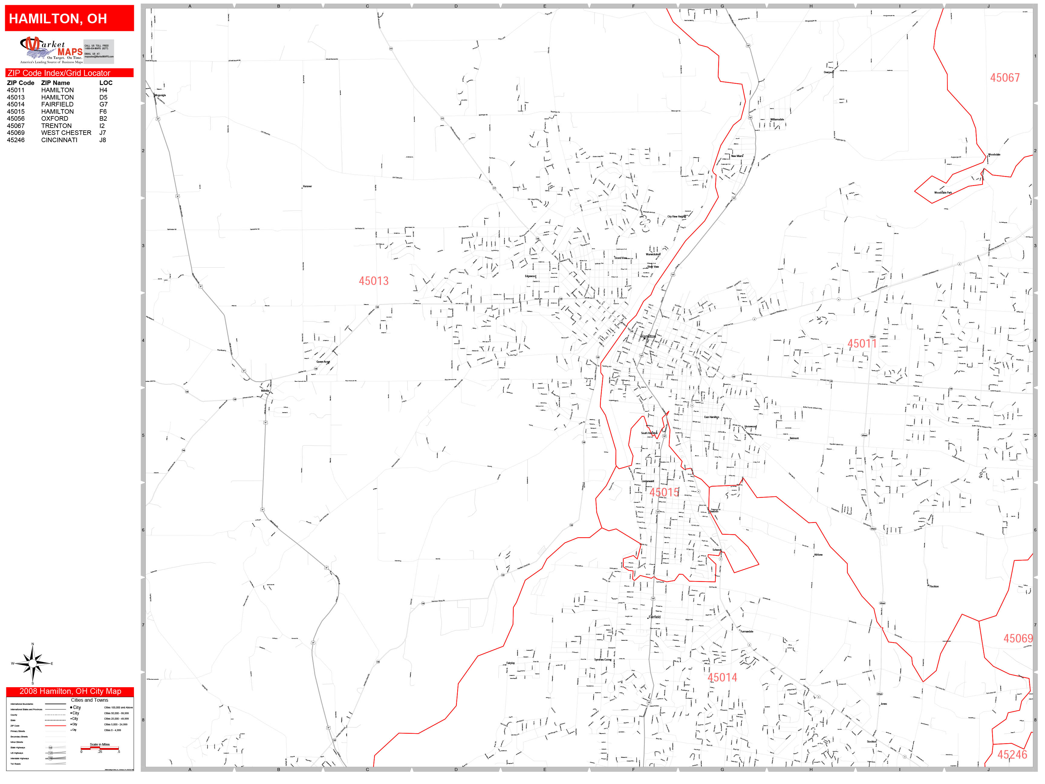 Hamilton Ohio Zip Code Wall Map (Red Line Style) by MarketMAPS MapSales