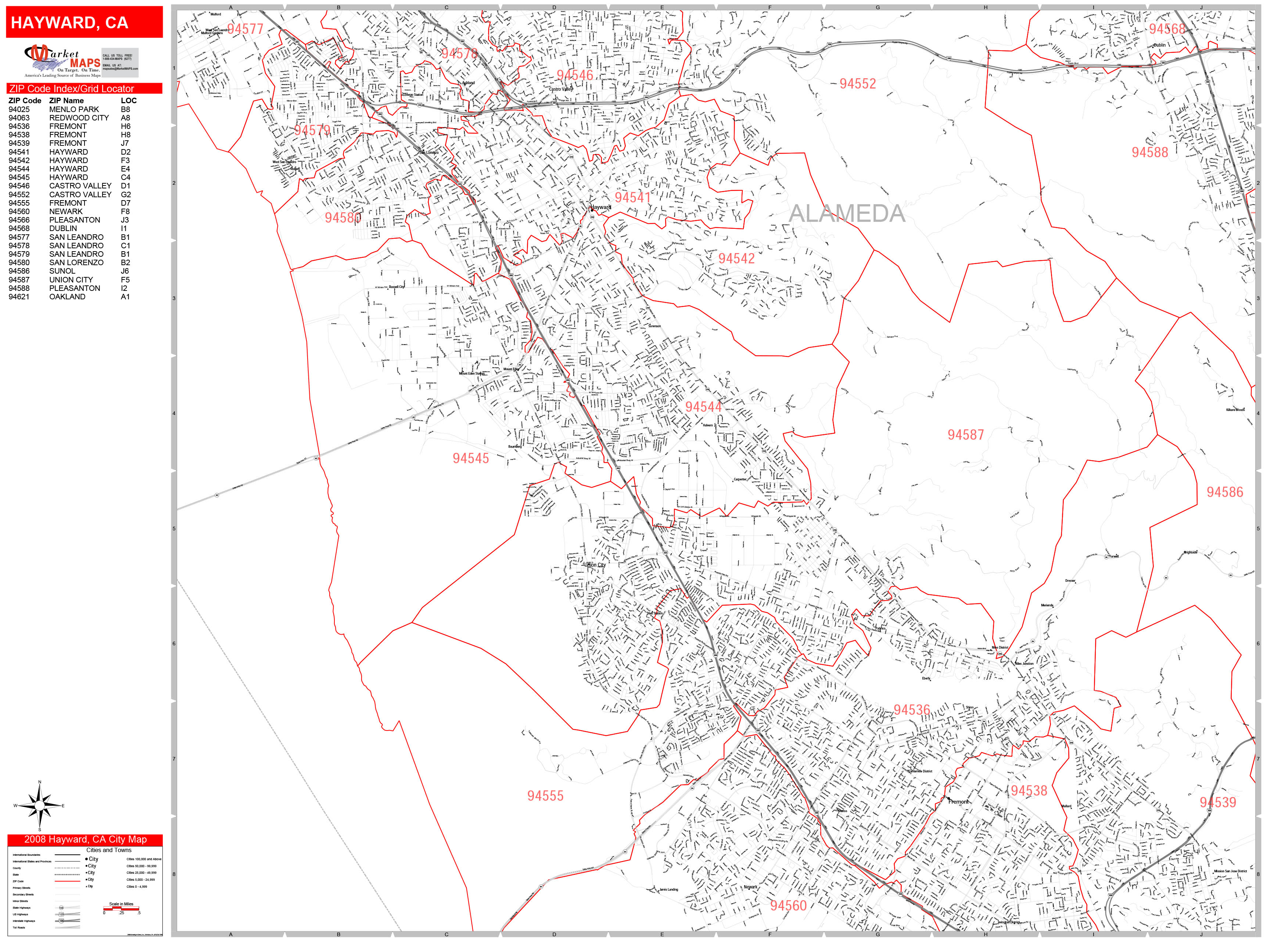 Hayward California Zip Code Wall Map (Red Line Style) by MarketMAPS MapSales