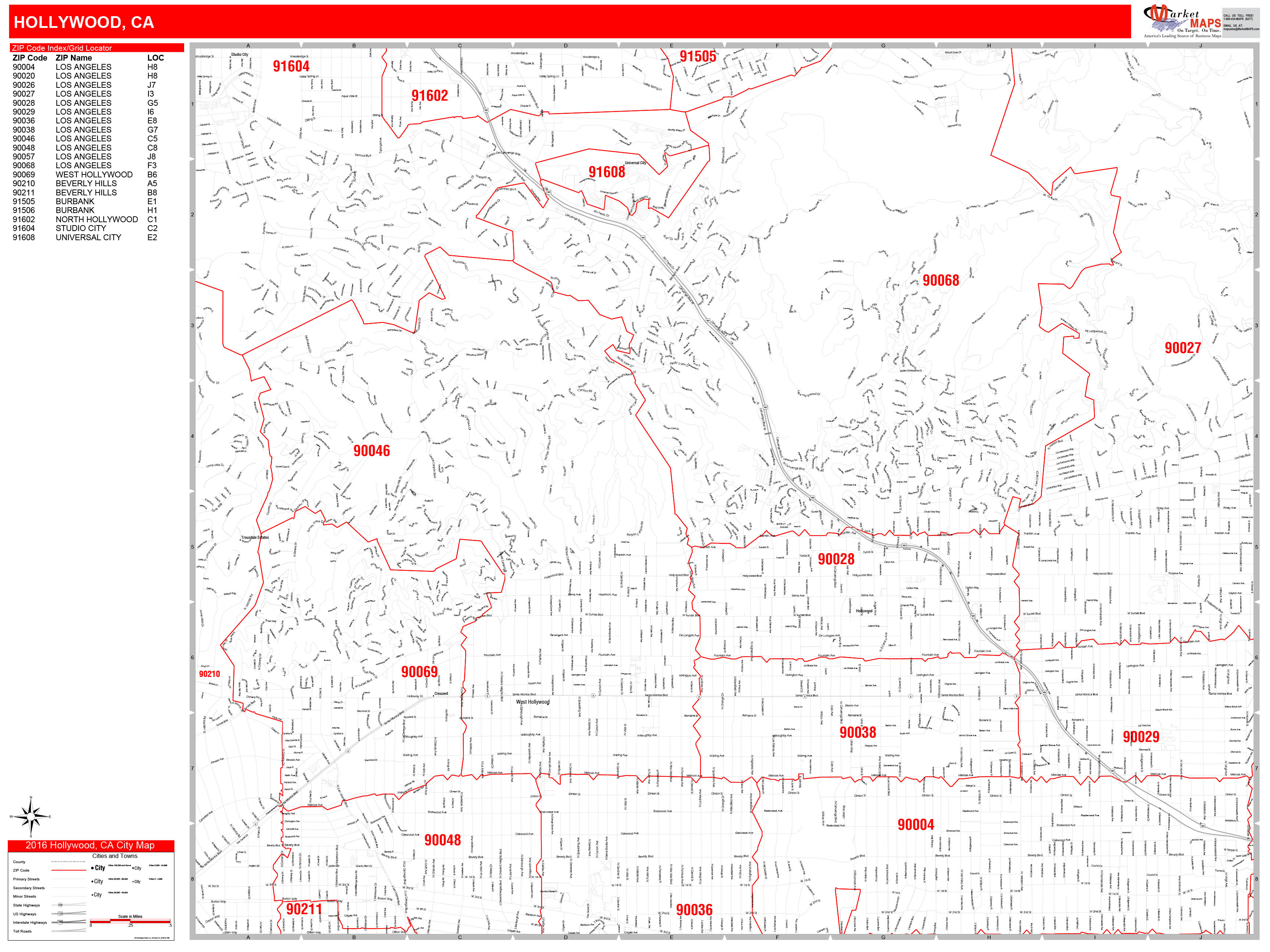 Hollywood California Zip Code Wall Map (Red Line Style) by MarketMAPS