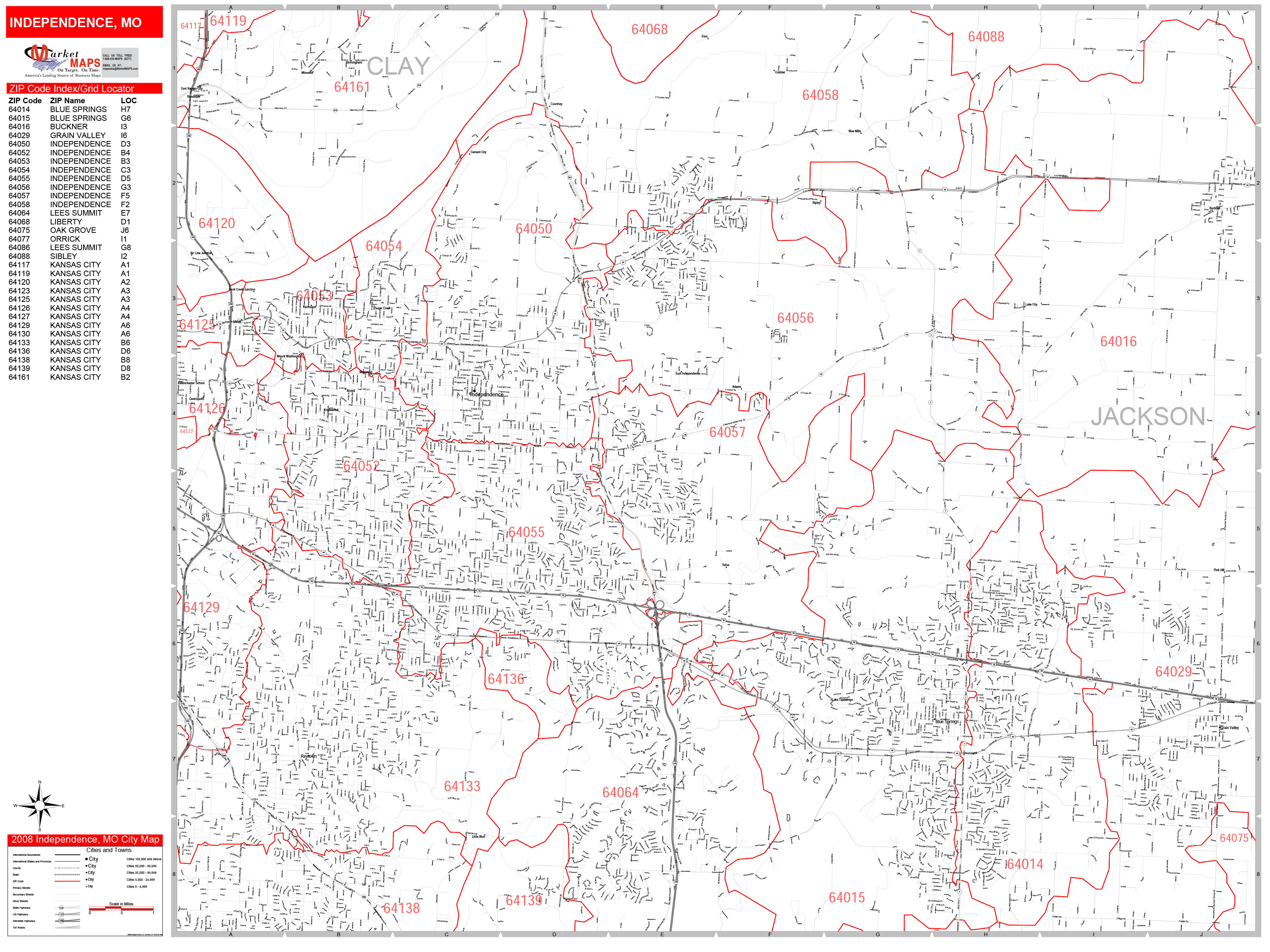 Independence Missouri Zip Code Wall Map (Red Line Style) by MarketMAPS