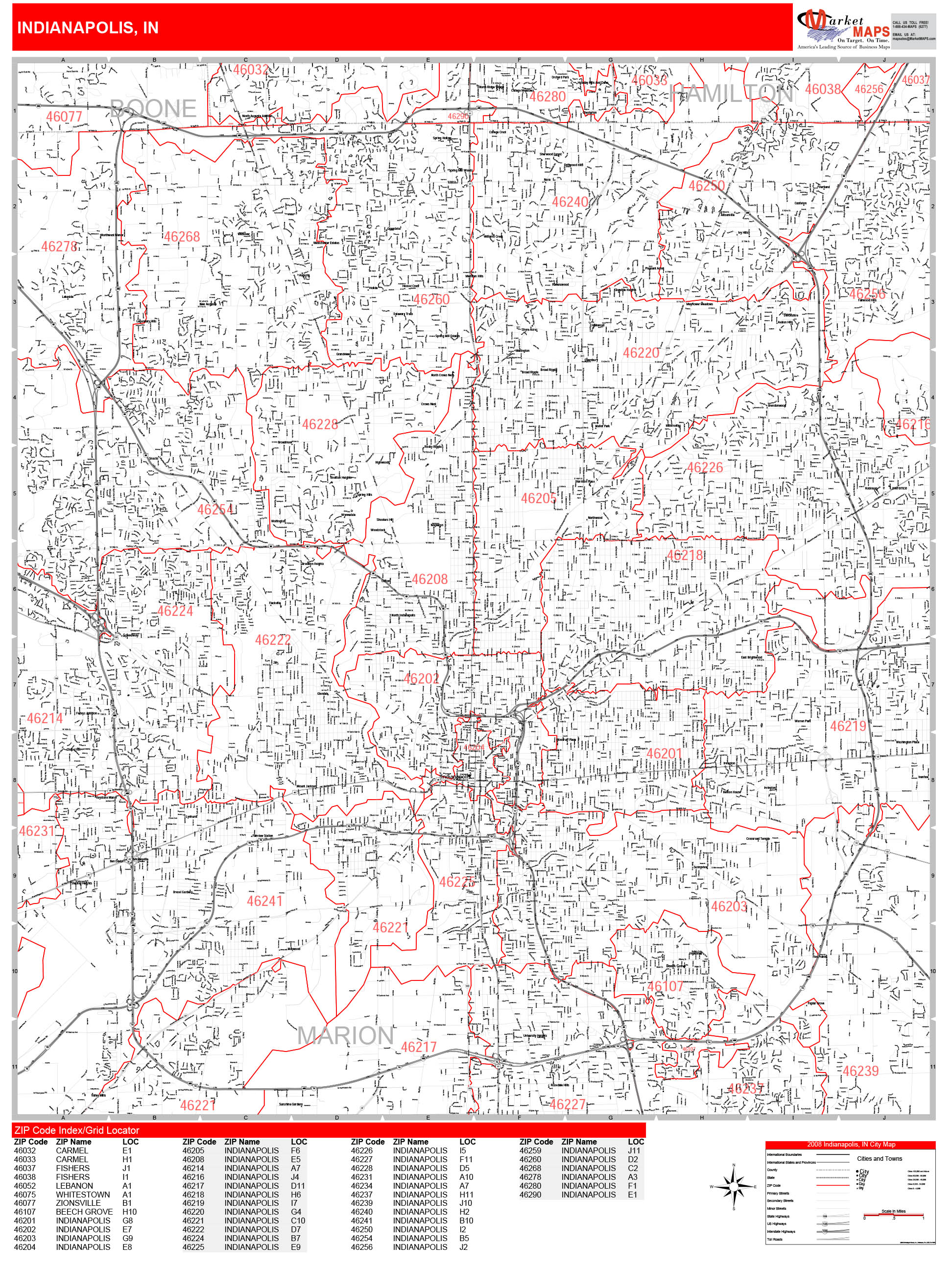Indianapolis Indiana Zip Code Wall Map (Red Line Style) by MarketMAPS