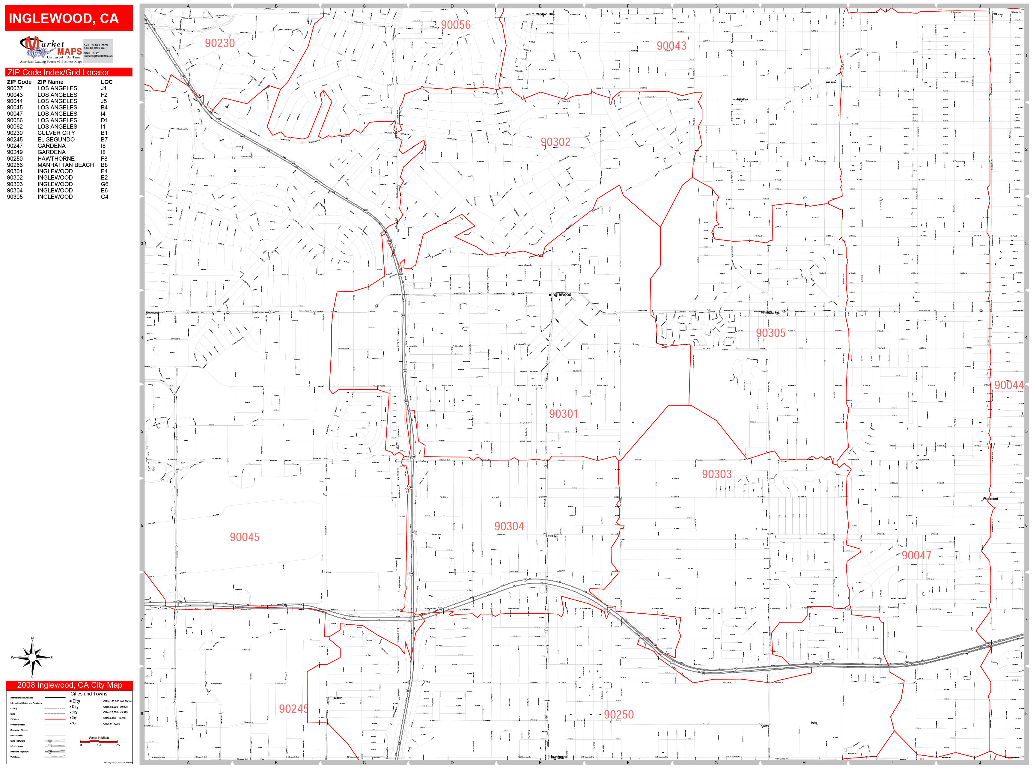 Inglewood California Zip Code Wall Map (Red Line Style) by MarketMAPS