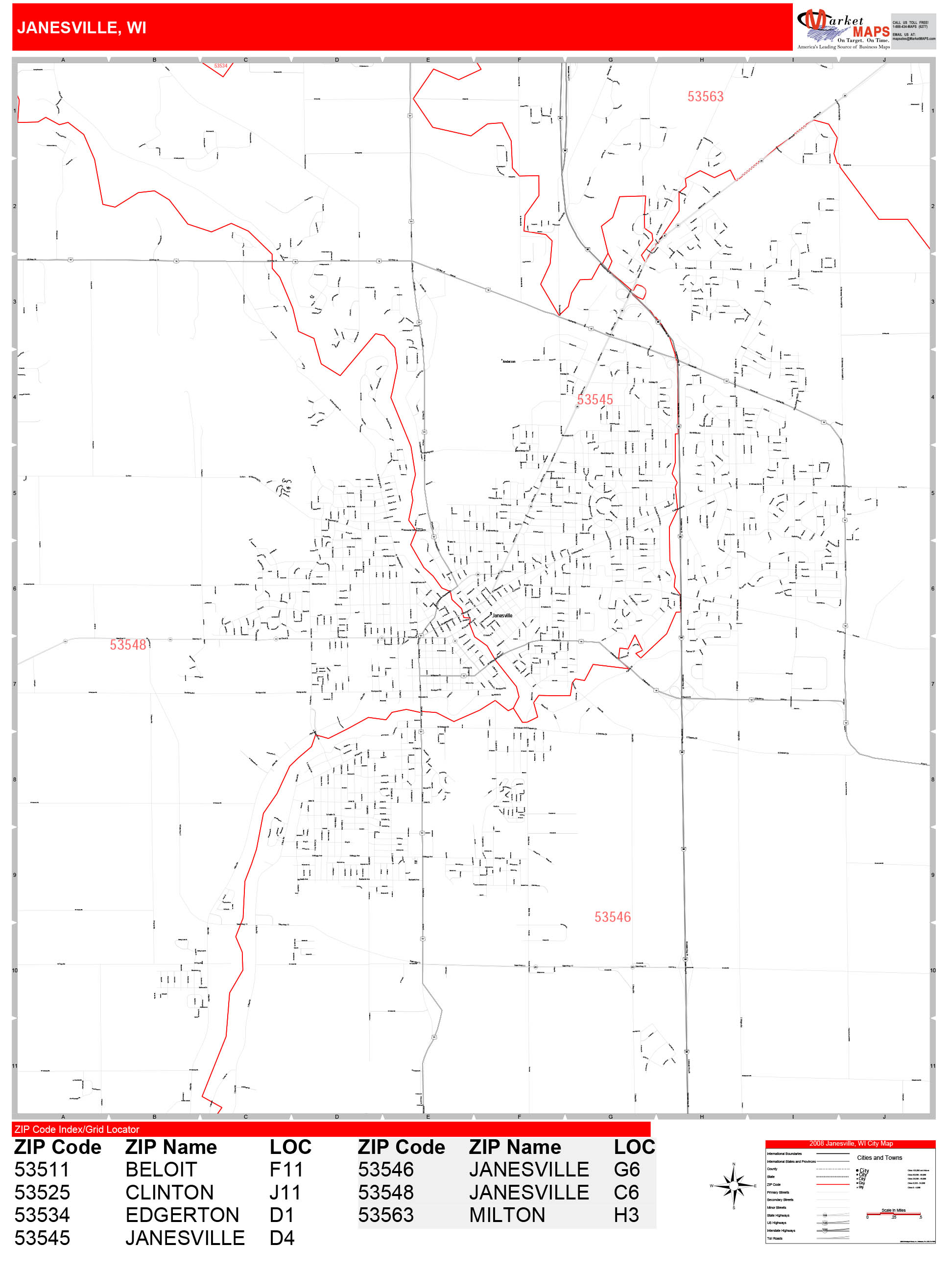 Janesville Wisconsin Zip Code Wall Map (Red Line Style) by MarketMAPS