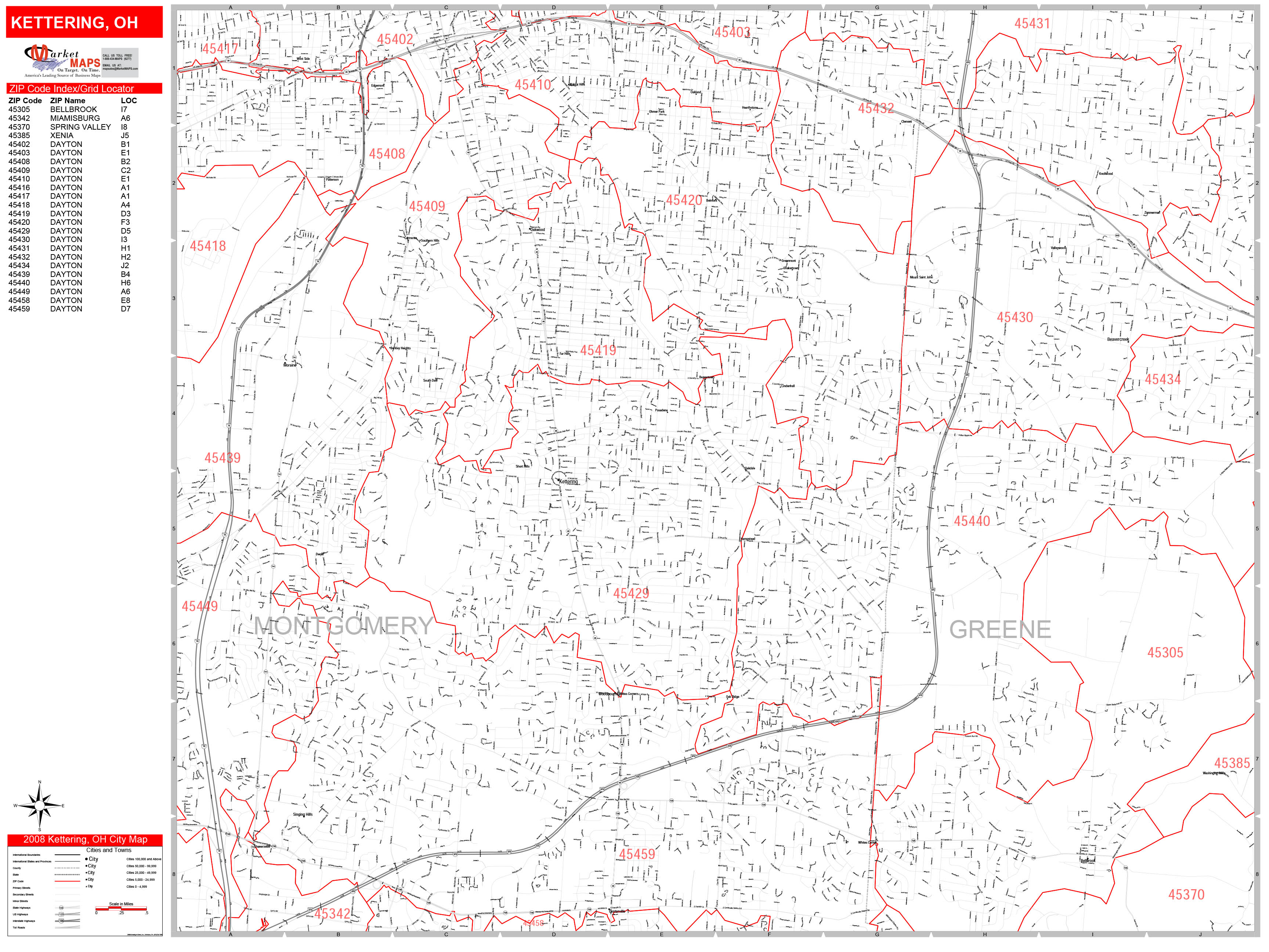 Kettering Ohio Zip Code Wall Map (Red Line Style) by MarketMAPS MapSales