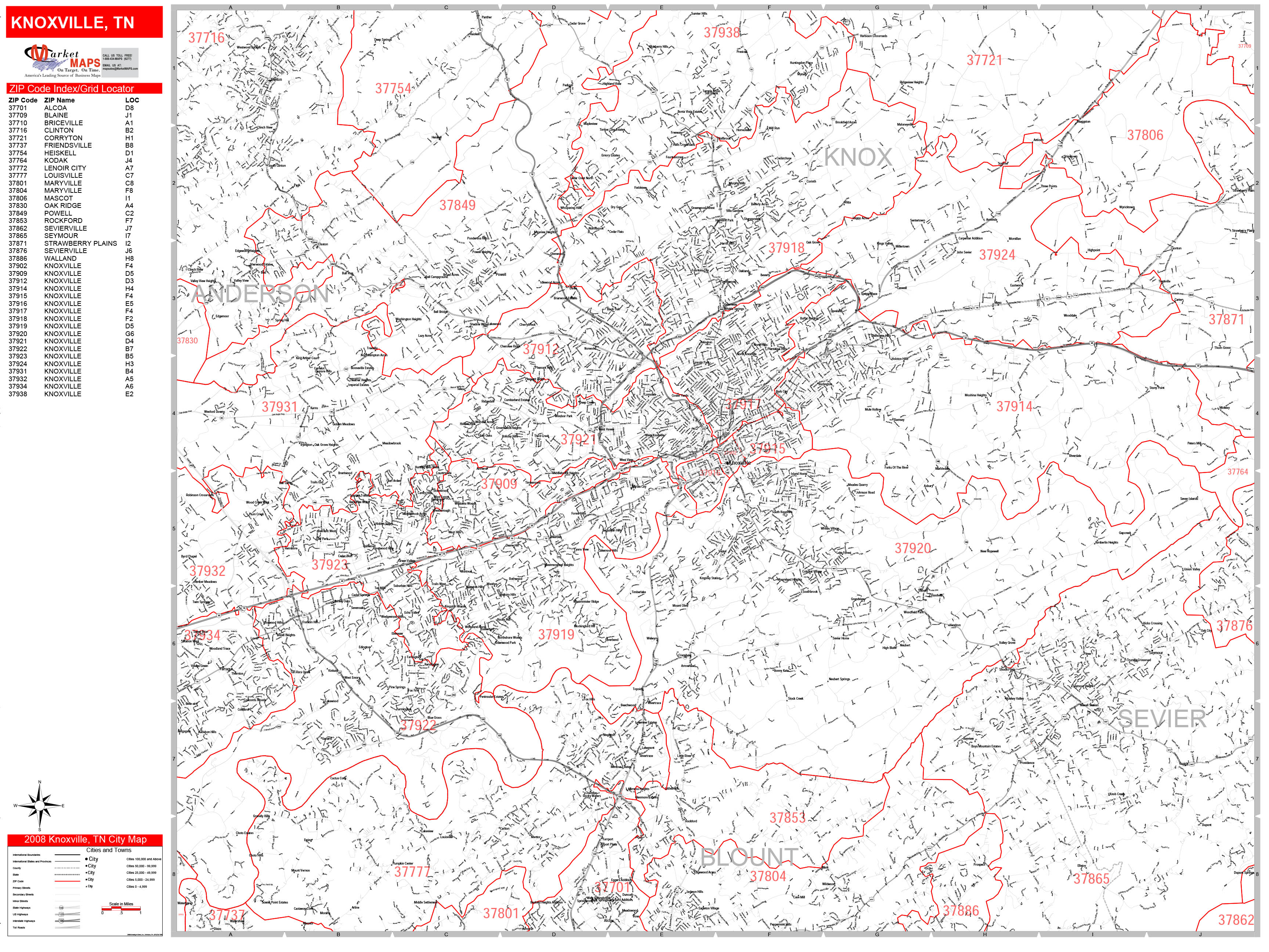 Knoxville Tennessee Zip Code Wall Map Red Line Style By Marketmaps