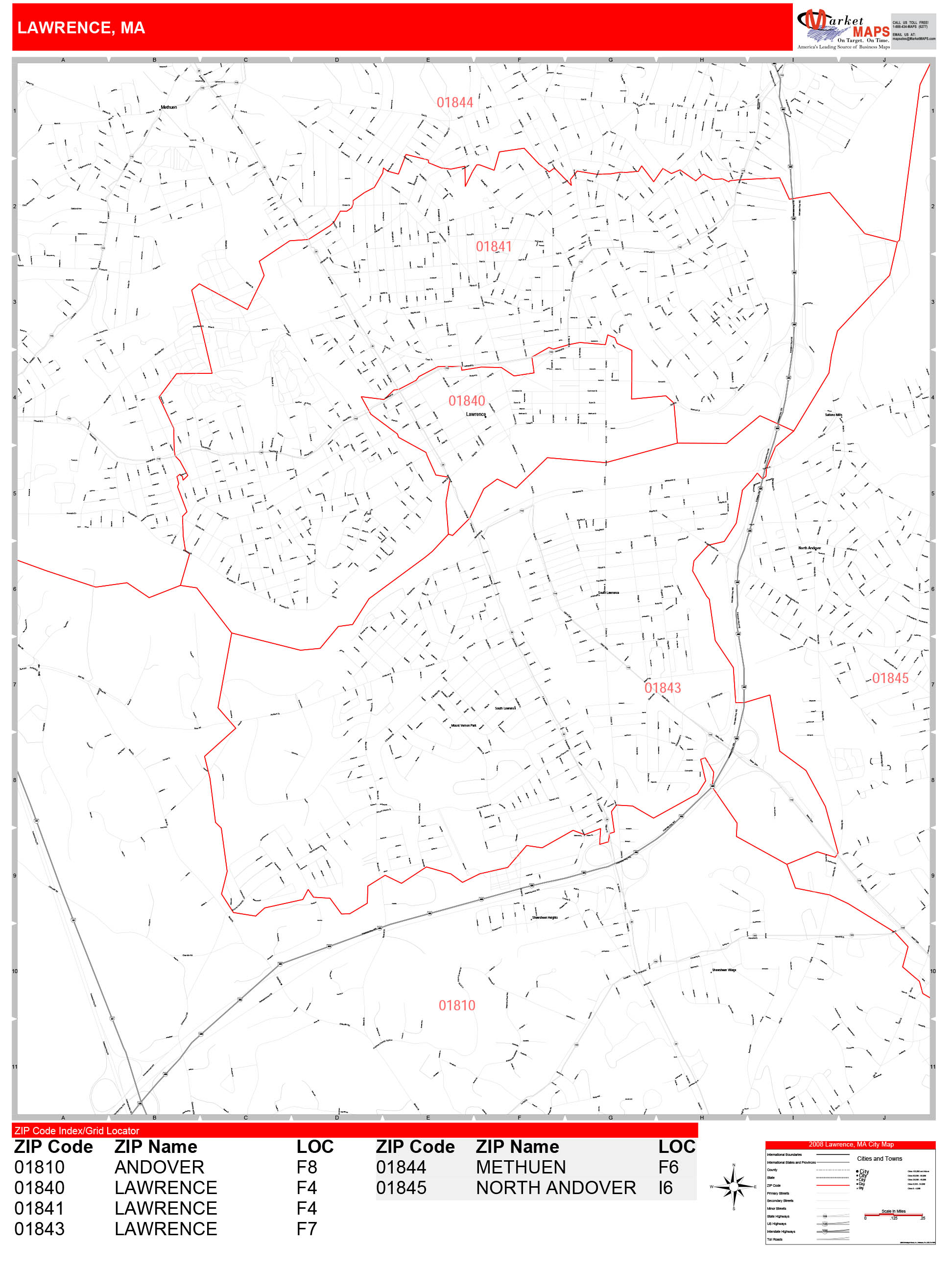 Lawrence Massachusetts Zip Code Wall Map (Red Line Style) by MarketMAPS