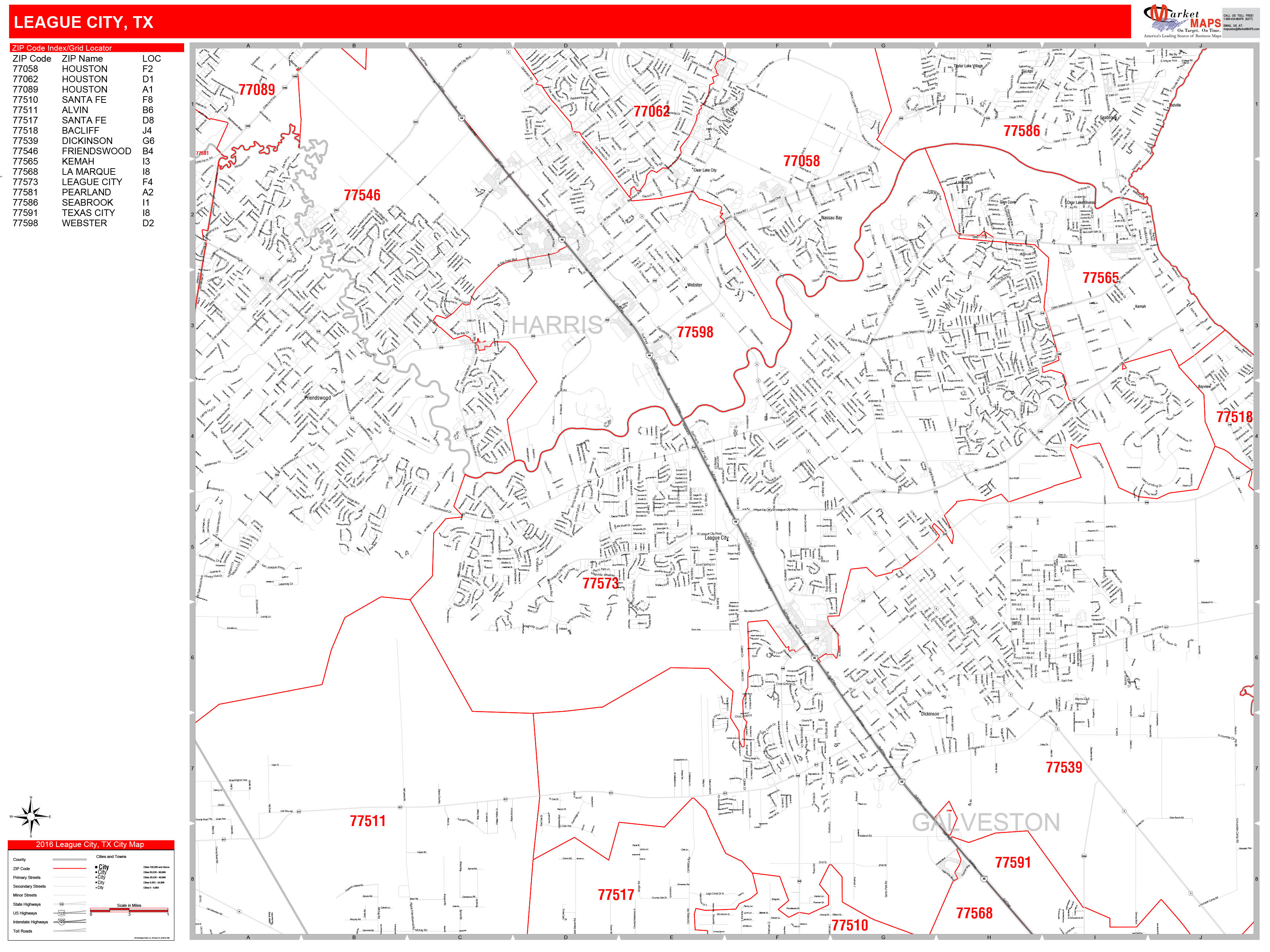 League City Texas Zip Code Wall Map (Red Line Style) by MarketMAPS