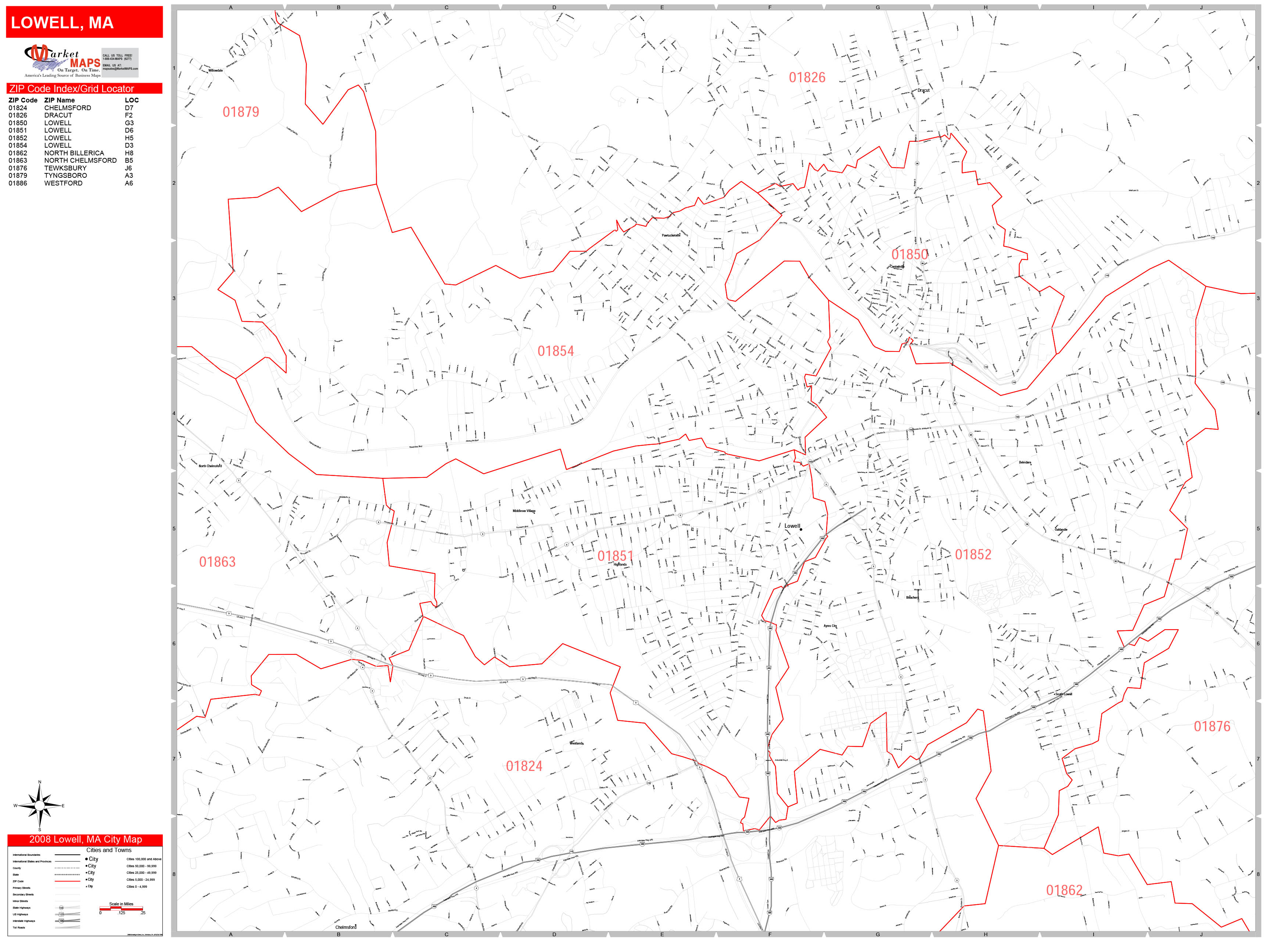 Lowell Massachusetts Zip Code Wall Map (Red Line Style) by MarketMAPS
