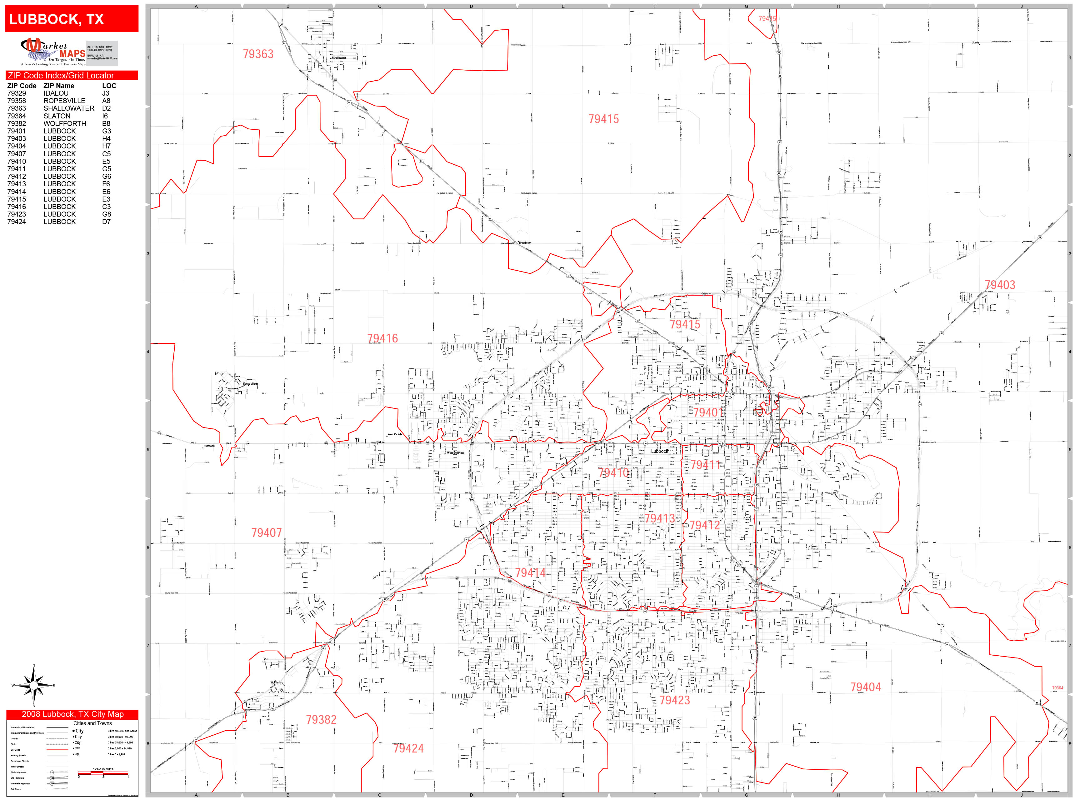 Lubbock Texas Zip Code Wall Map Red Line Style By Marketmaps Mapsales