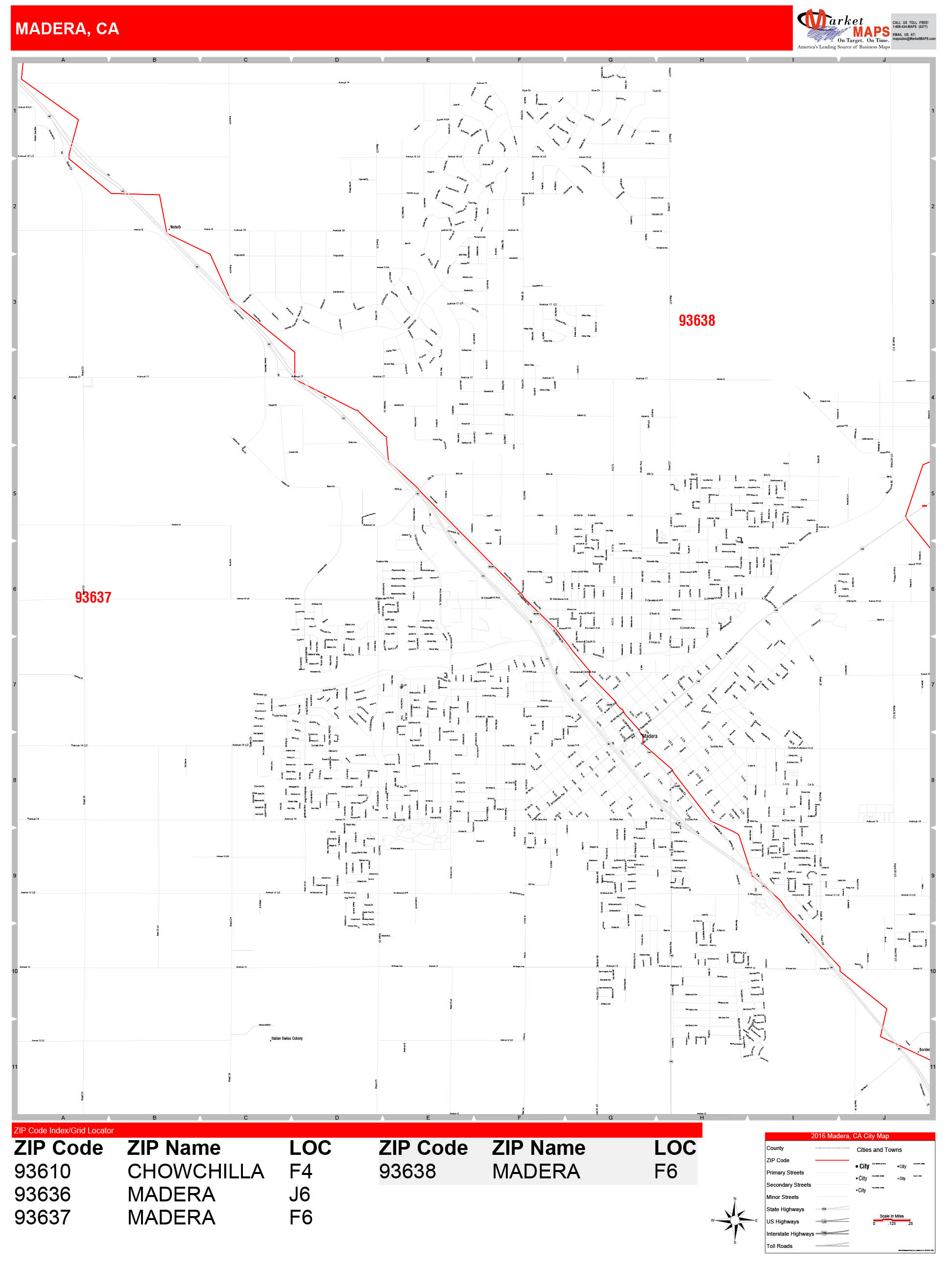 Madera California Zip Code Wall Map (Red Line Style) by MarketMAPS