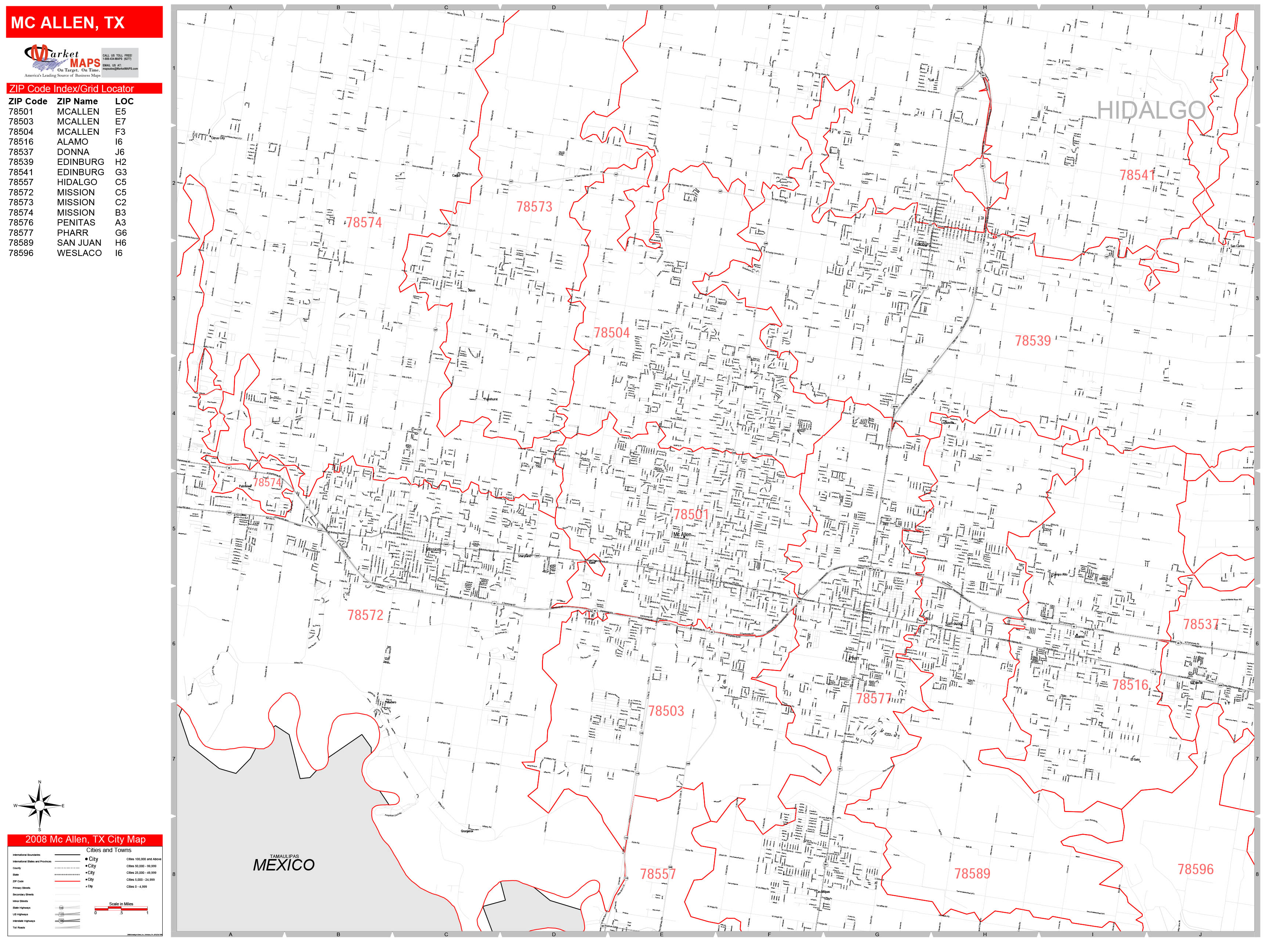 Mcallen Texas Zip Code Wall Map Red Line Style By Marketmaps