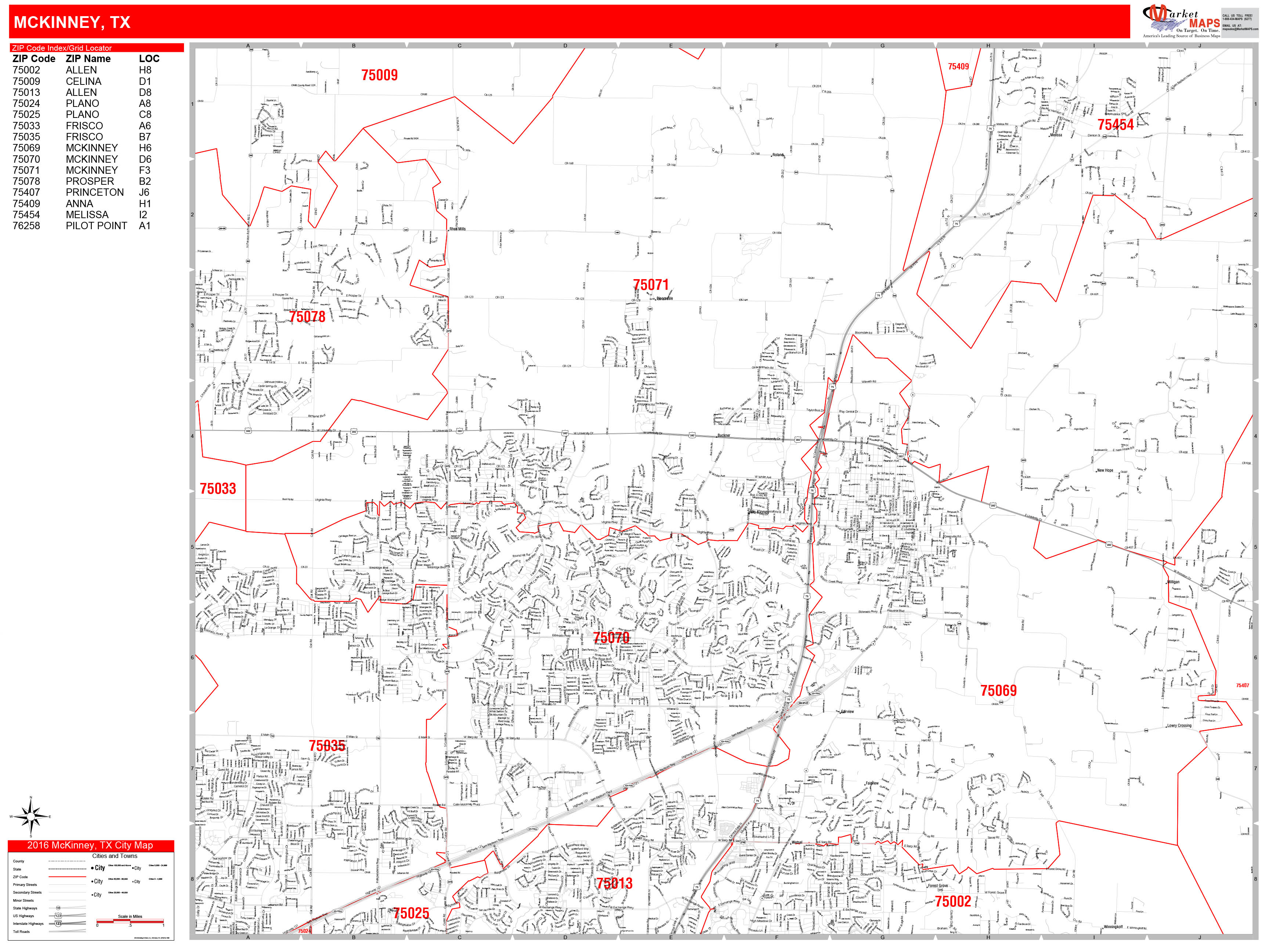 McKinney Texas Zip Code Wall Map (Red Line Style) by MarketMAPS