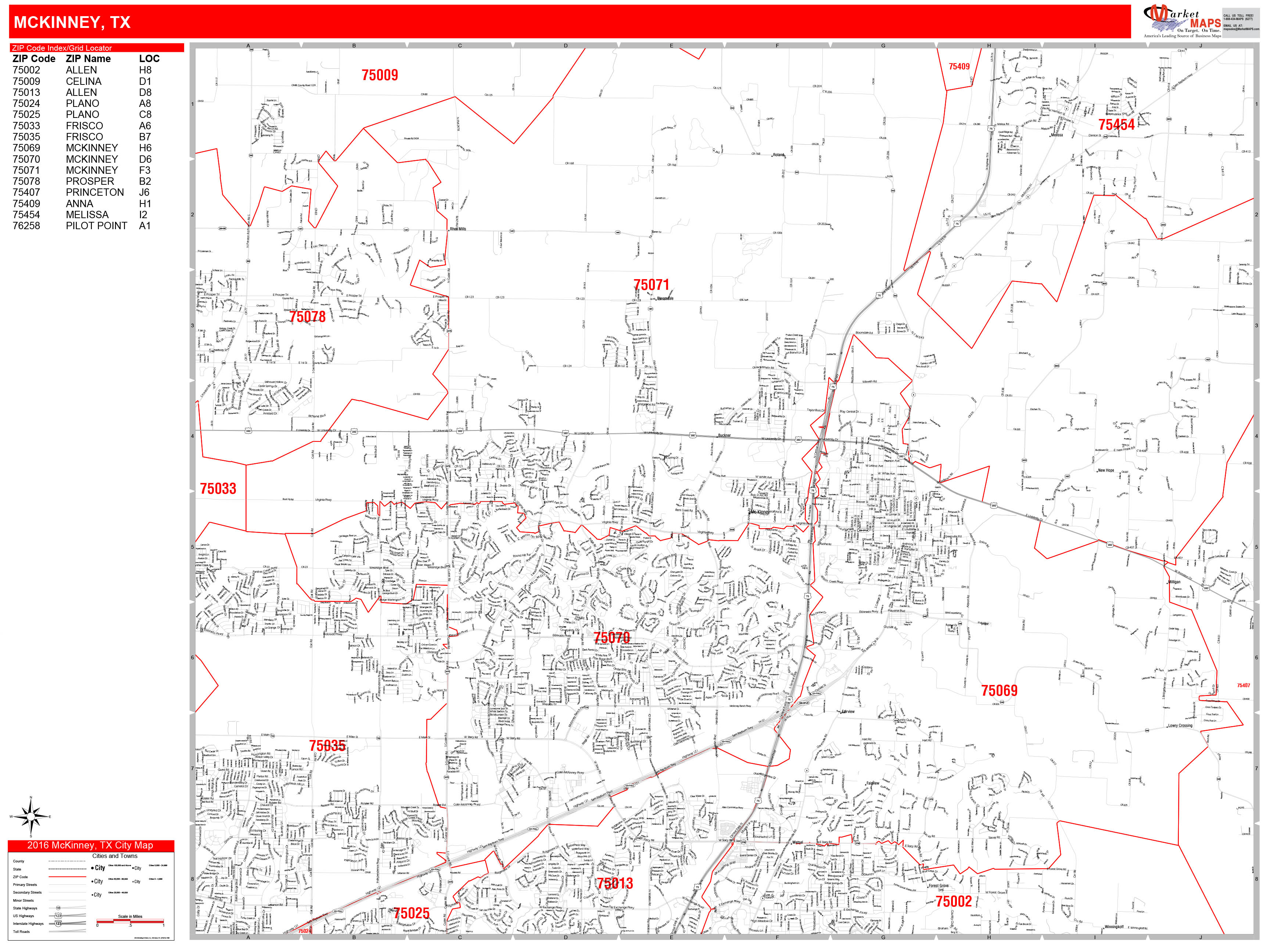 Mckinney Texas Zip Code Wall Map Red Line Style By Marketmaps