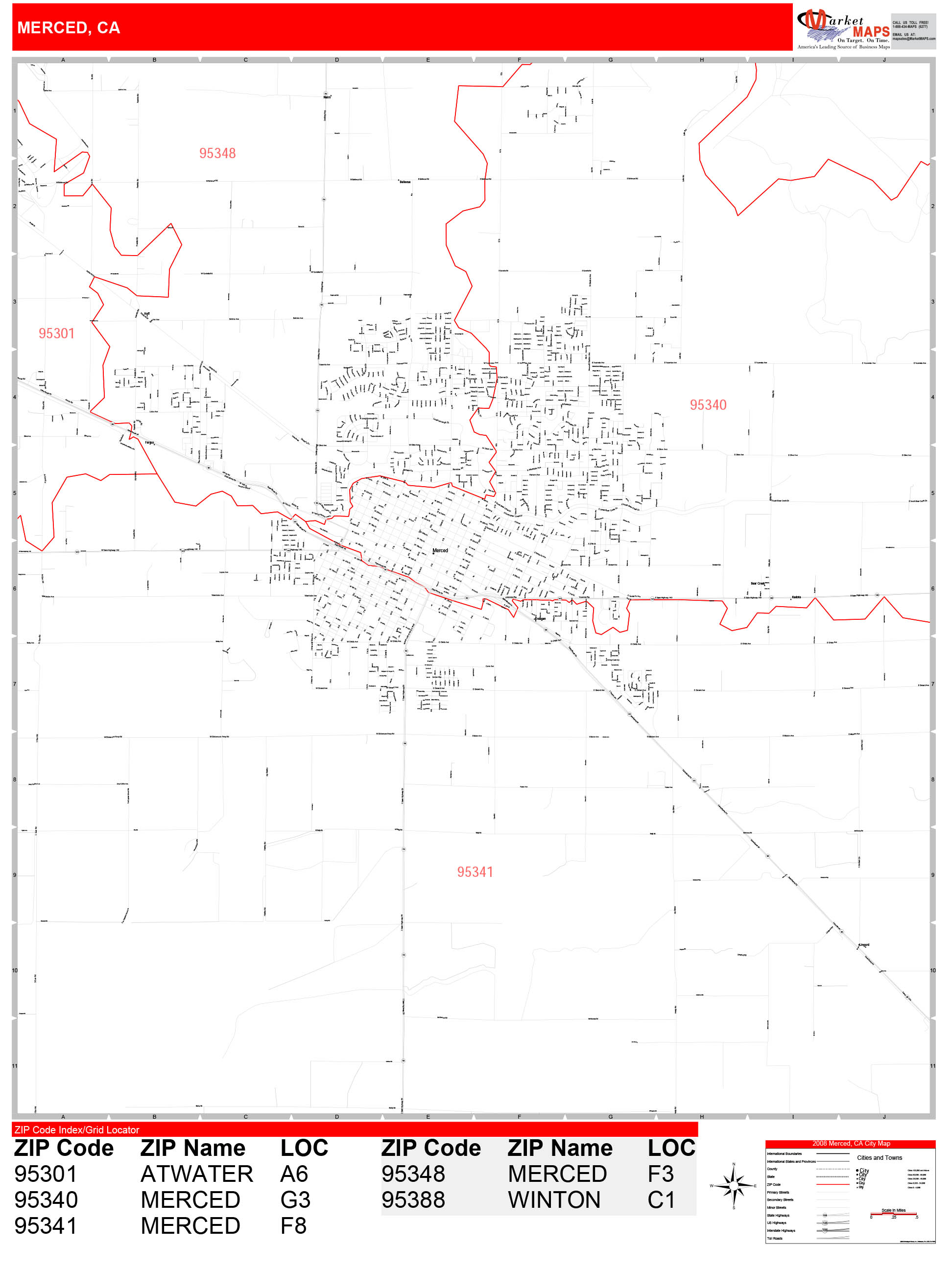 Merced California Zip Code Wall Map (Red Line Style) by MarketMAPS ...