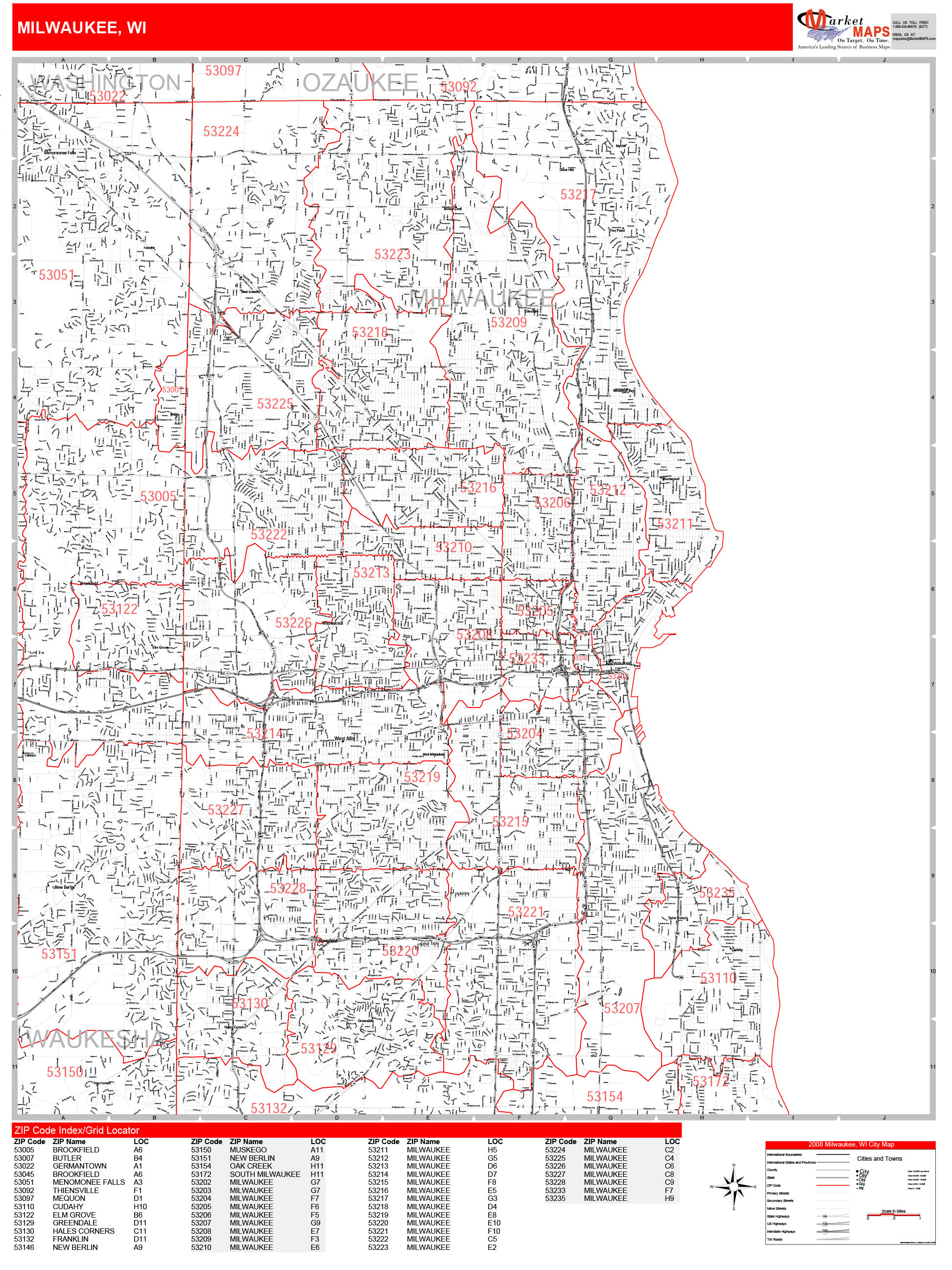 Milwaukee Wisconsin Zip Code Wall Map (Red Line Style) by MarketMAPS