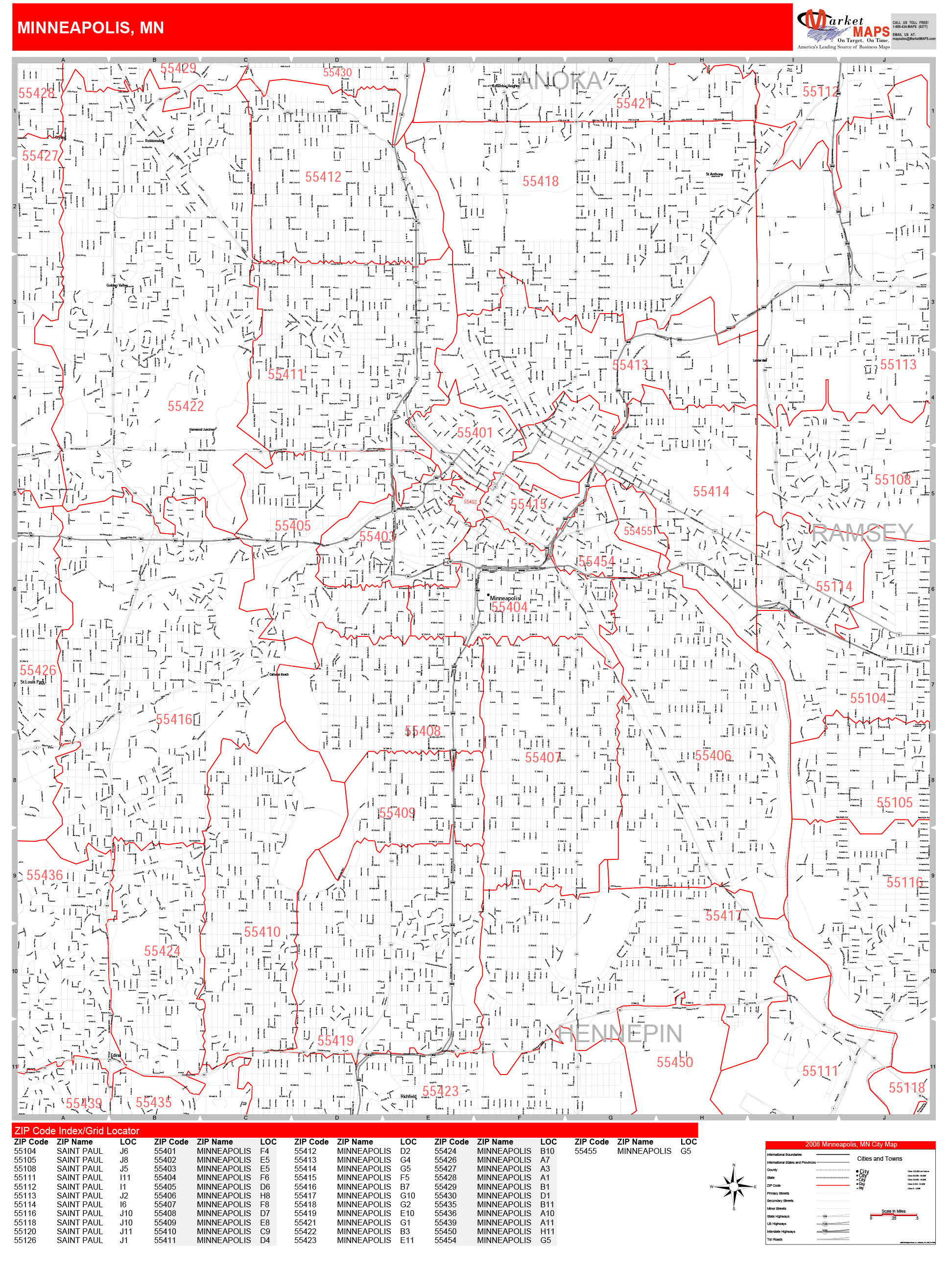 Minneapolis Minnesota Zip Code Wall Map (Red Line Style) by MarketMAPS MapSales
