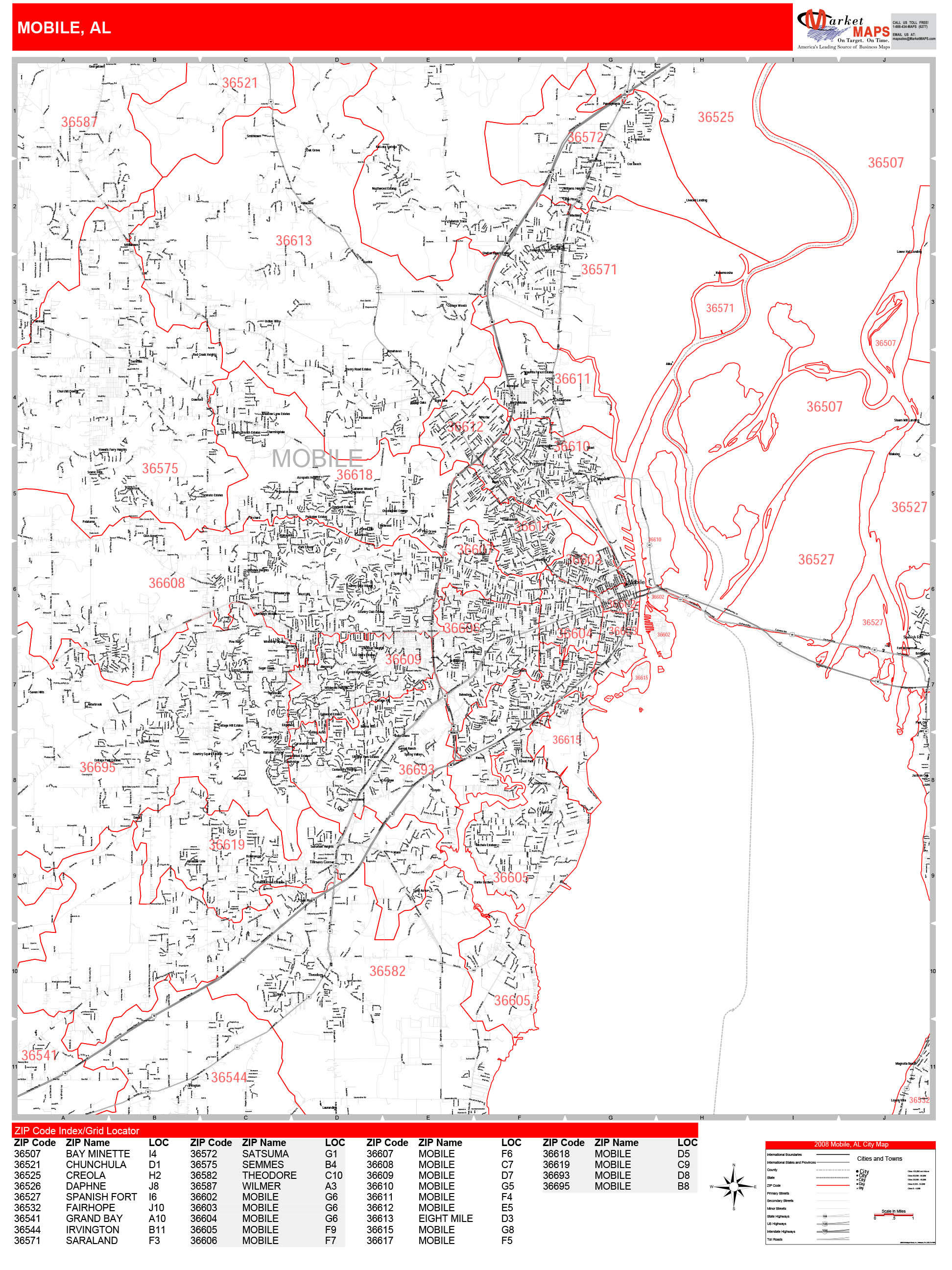 Mobile Alabama Zip Code Wall Map Red Line Style By Marketmaps Mapsales