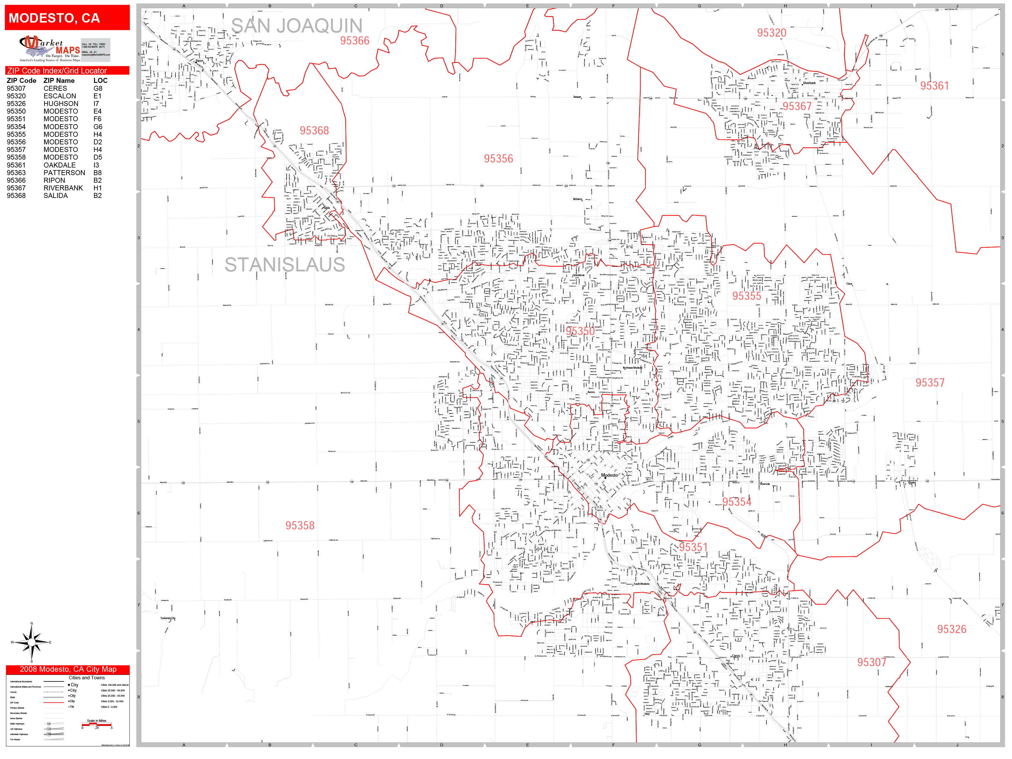 Modesto California Zip Code Wall Map (Red Line Style) by MarketMAPS