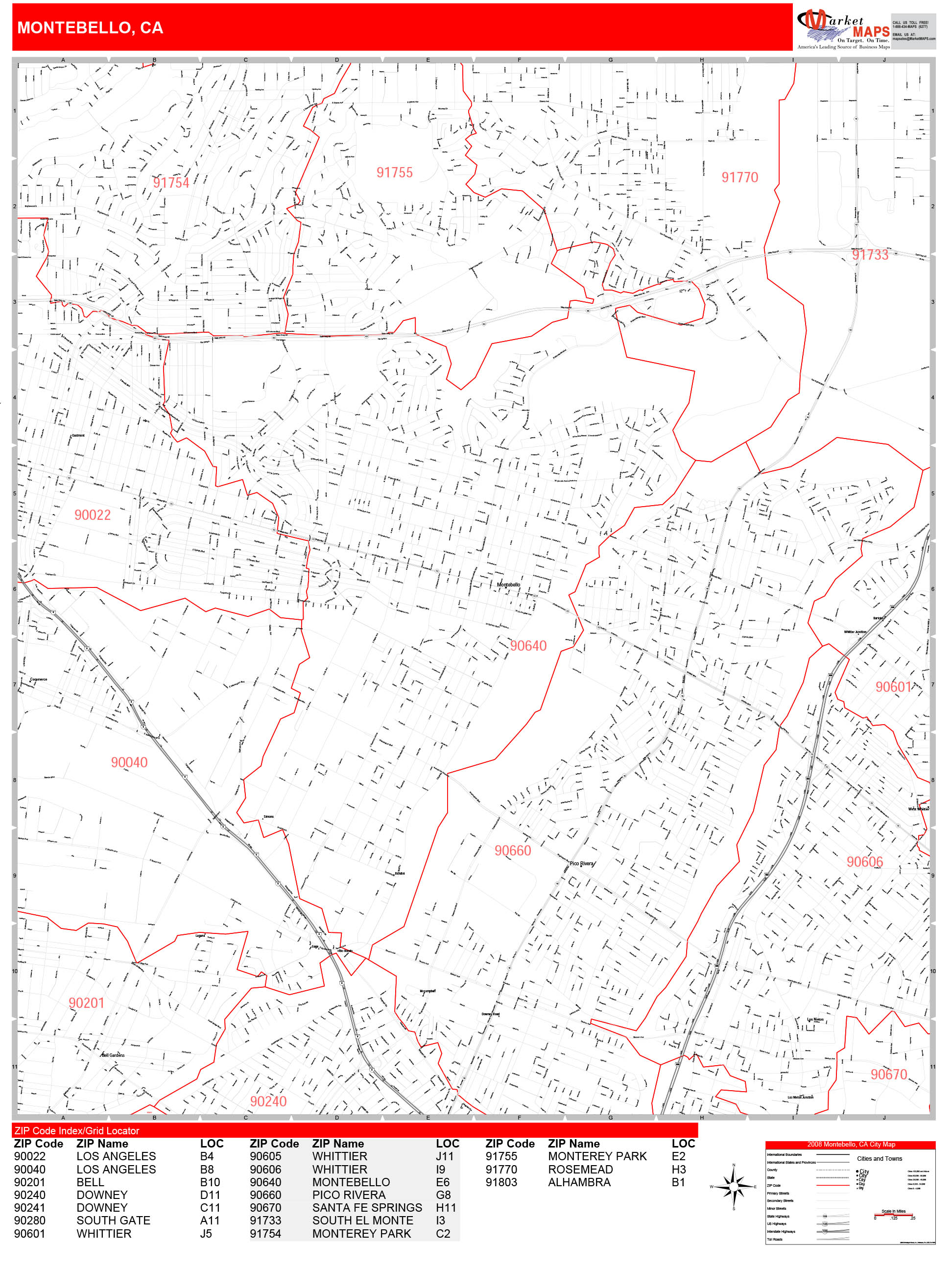 Montebello California Zip Code Wall Map (Red Line Style) by MarketMAPS