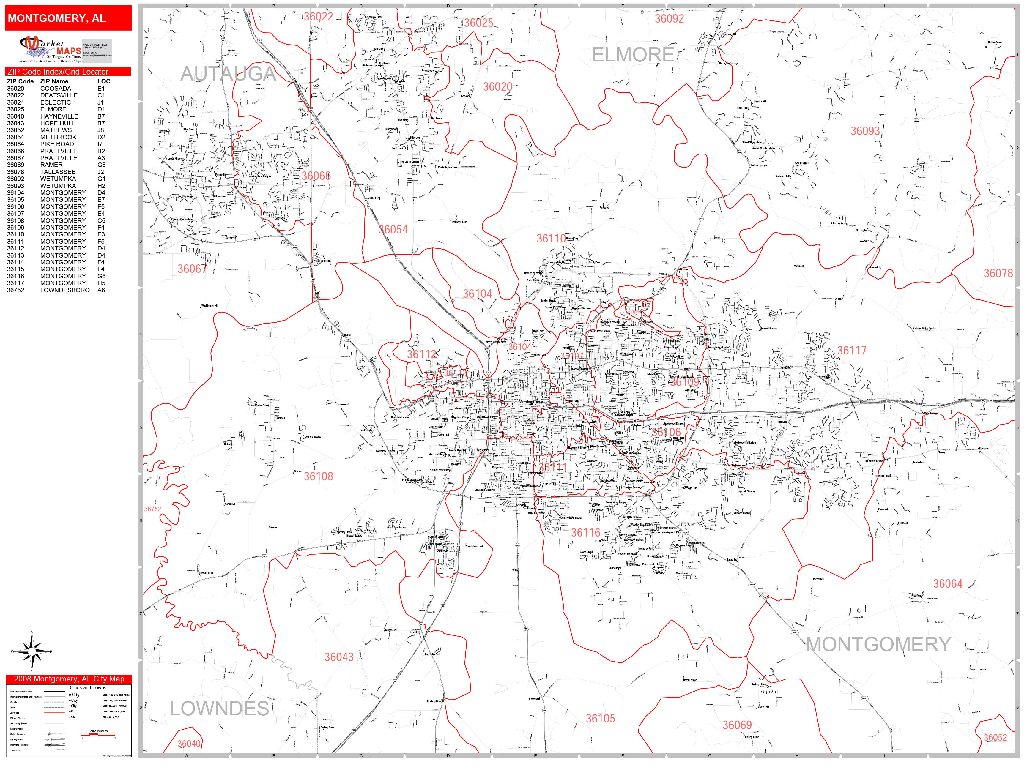 Montgomery Alabama Zip Code Wall Map (Red Line Style) by MarketMAPS 