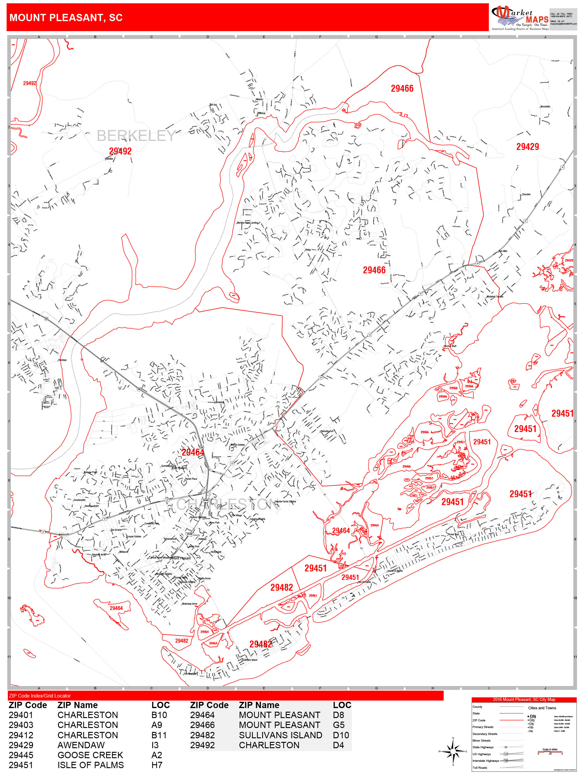Mount Pleasant South Carolina Zip Code Wall Map (Red Line Style) by MarketMAPS